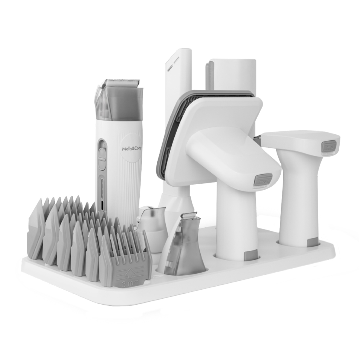 Un conjunto blanco de cortapelos y herramientas de aseo con varios accesorios sobre una base blanca.