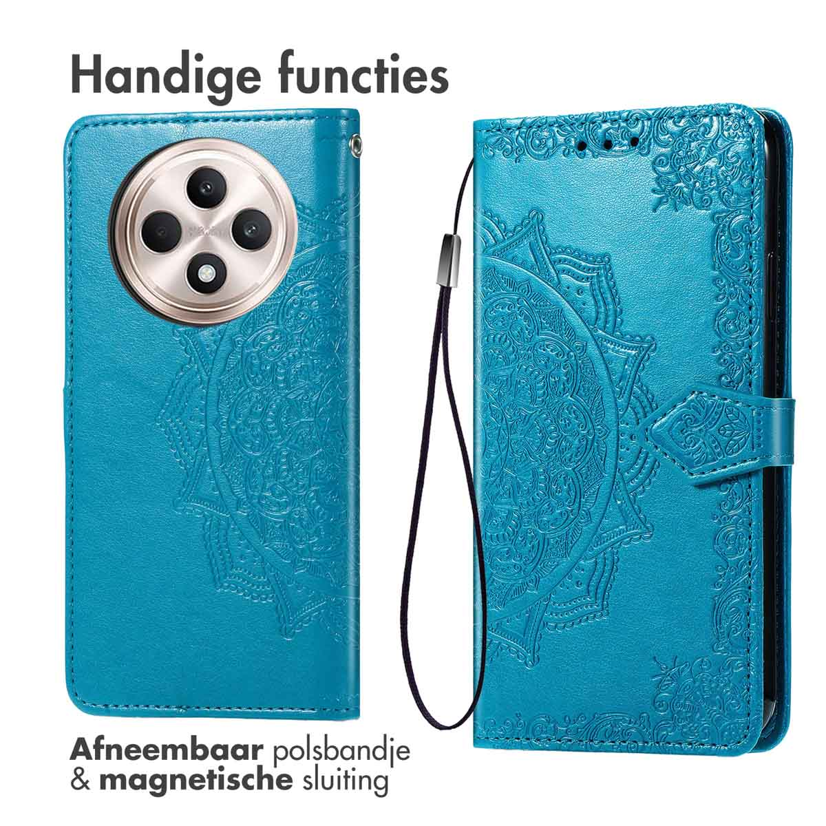 Blauwe telefoonhoes met reliëf. Met polsbandje en magnetische sluiting.