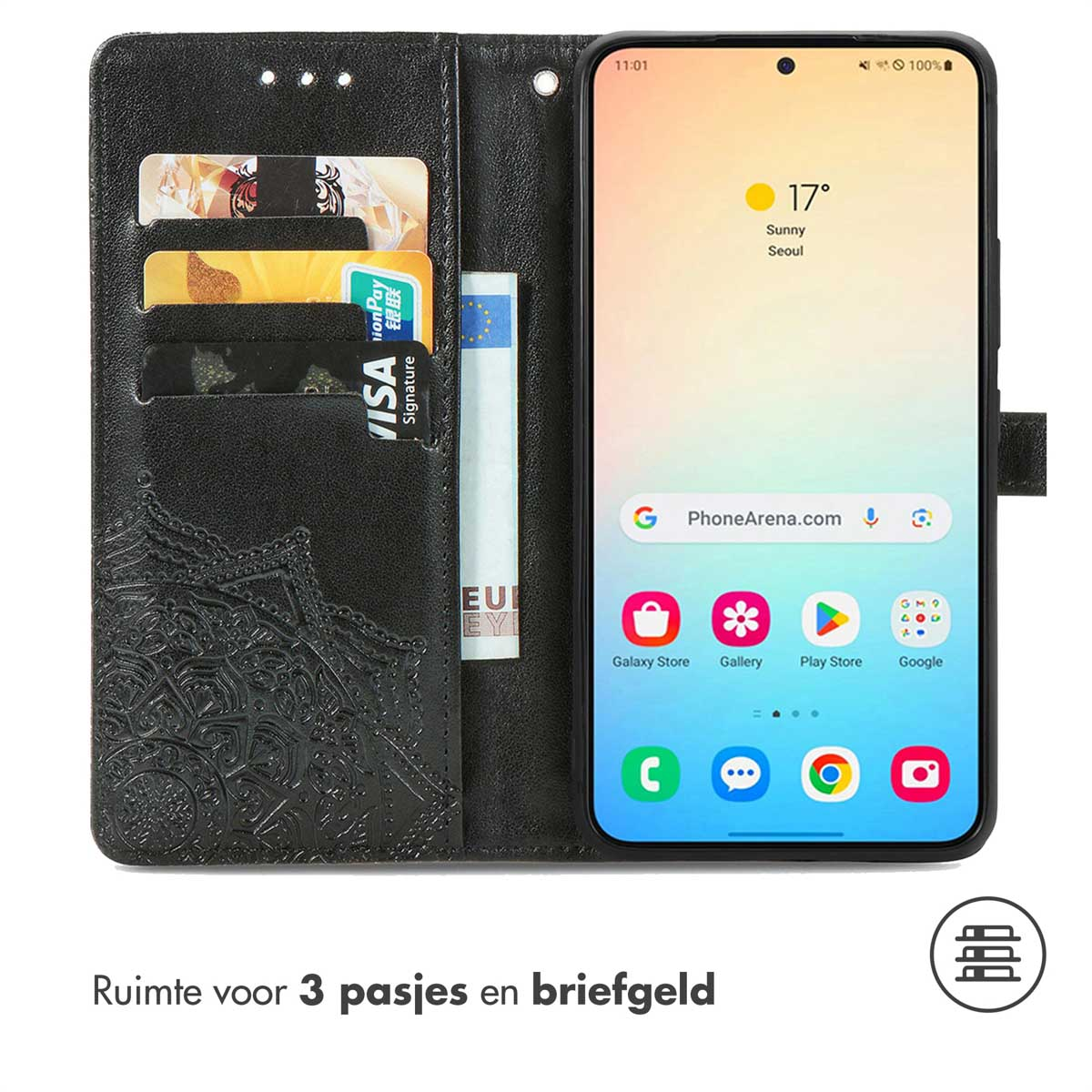Een zwarte telefoonportemonnee met een smartphone erin, die apps toont. Ruimte voor kaarten.