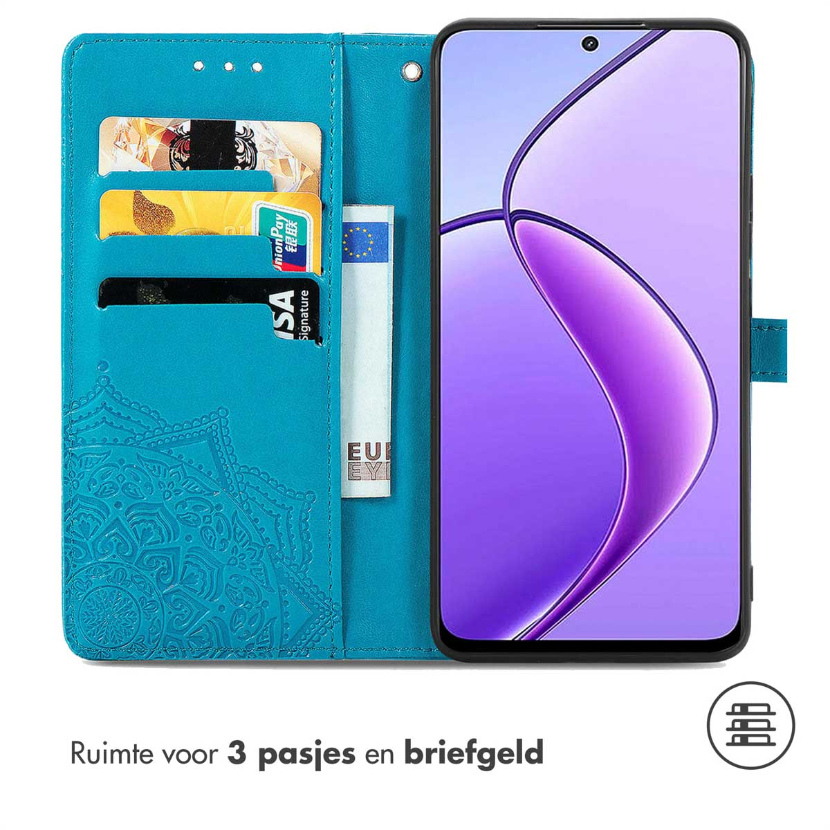 Een teal telefoonhoesje met een telefoon erin. Heeft sleuven voor kaarten en geld. Tekst in het Nederlands.