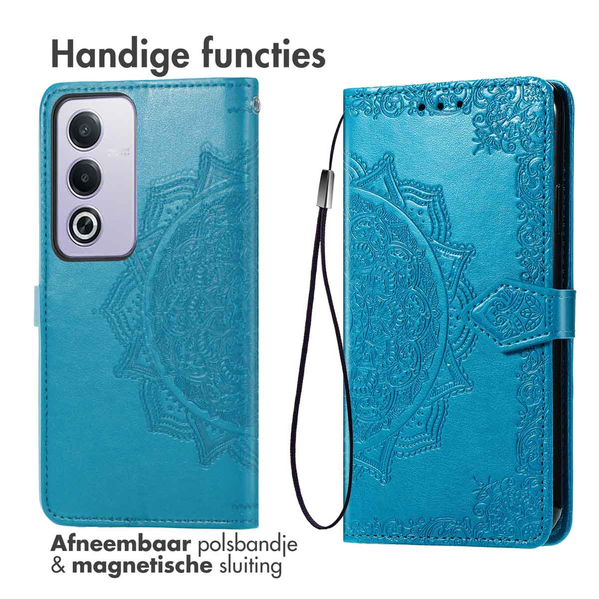 Coque de téléphone turquoise avec un motif mandala, ouverte pour montrer le téléphone et le texte. Texte : Fonctions pratiques.