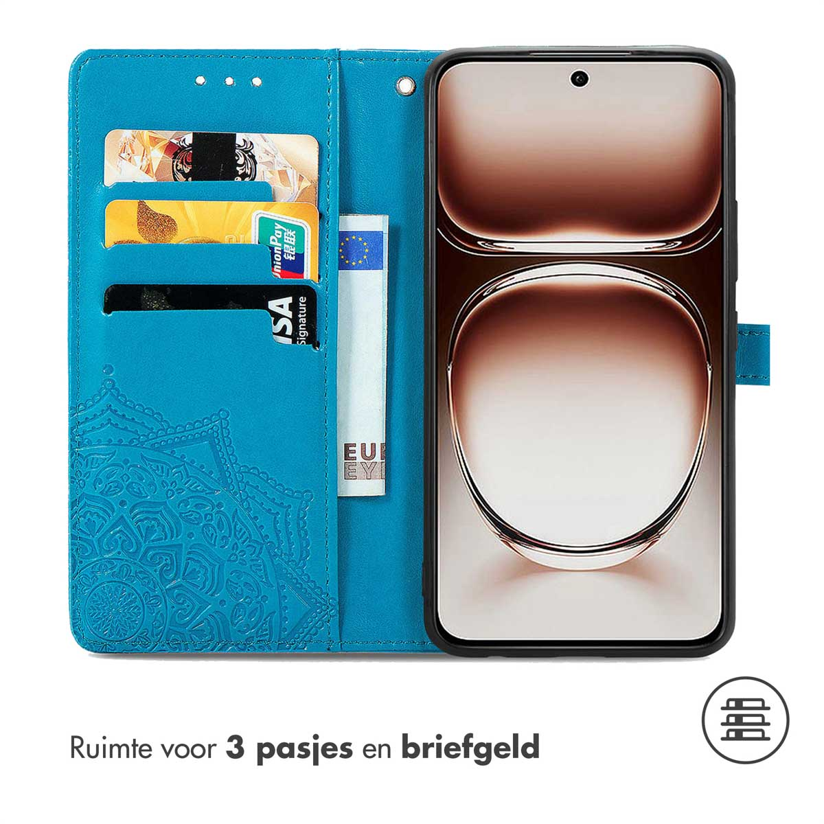 Étui de téléphone bleu avec un motif floral, contenant un téléphone, des cartes et de l'argent.