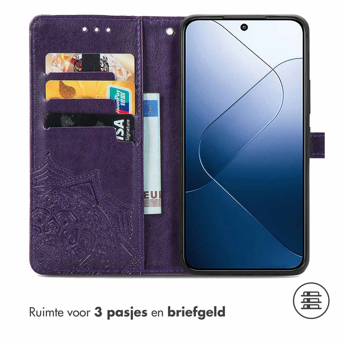 Paarse telefoonportemonnee. Telefoon en portemonnee met kaarten en geld zichtbaar, met bloemenreliëf.