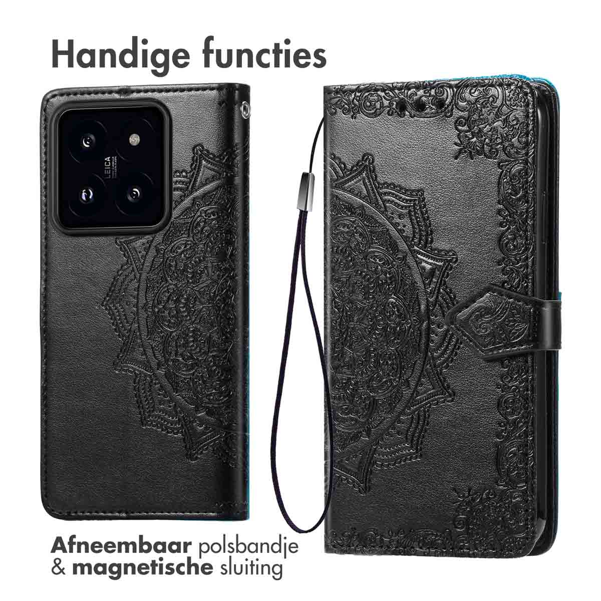 Une coque de téléphone noire avec un motif mandala, montrant le recto et le verso.