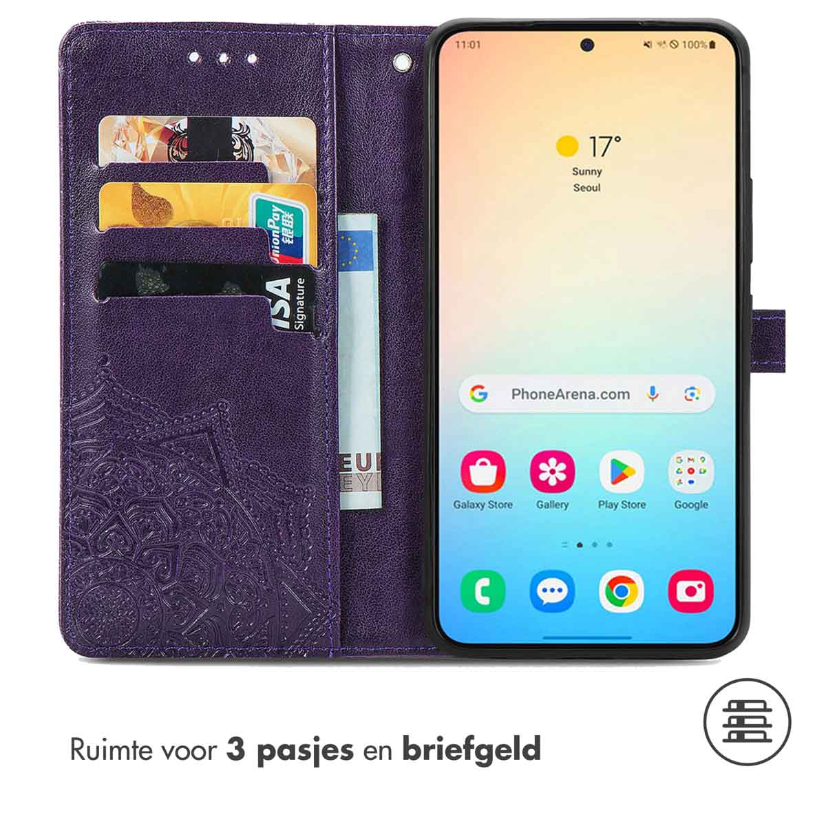 Een paarse telefoonhoes met een telefoon. De hoes bevat kaarten en geld. De telefoon toont een stad.