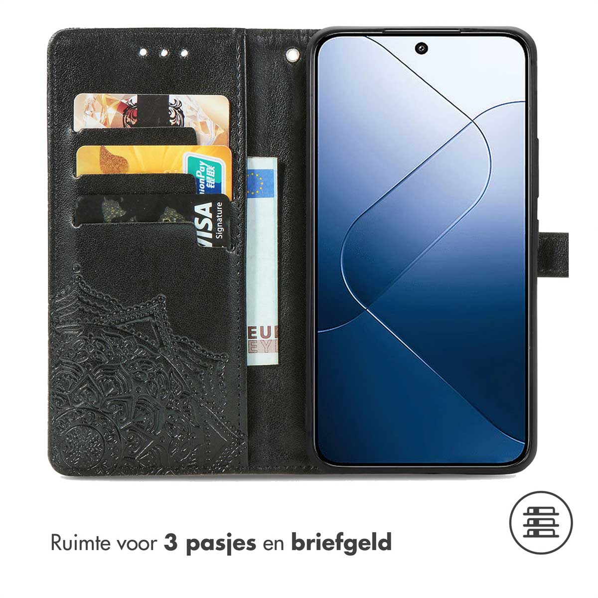 Étui de téléphone noir, ouvert, avec un téléphone, 3 emplacements pour cartes et de l'argent. Motif texturé.