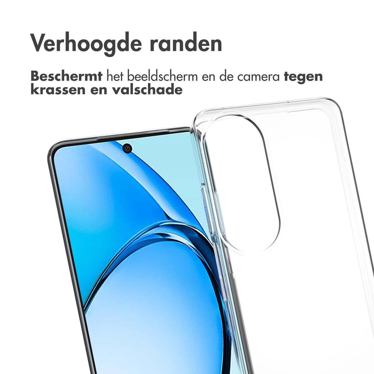 Een telefoon en een doorzichtige telefoonhoes. De hoes zit gedeeltelijk op de telefoon. Tekst op het scherm luidt: "Verhoogde randen".