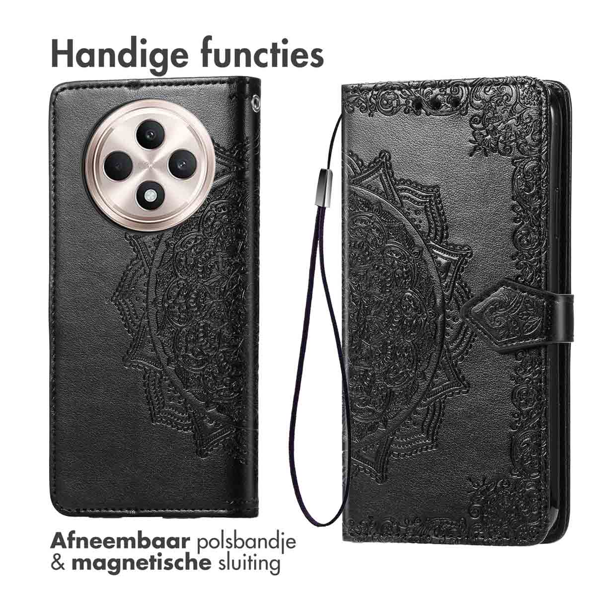 Zwarte telefoonhoes met een mandala-ontwerp en een afneembare polsband, op een witte achtergrond.
