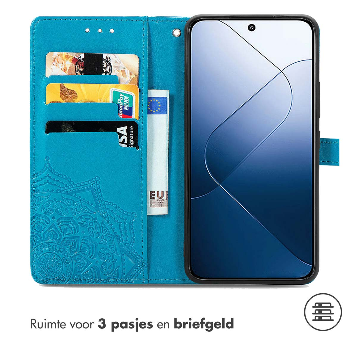 Turquoise telefoonhoes met sleuven voor kaarten en geld. Een telefoon zit in de hoes.