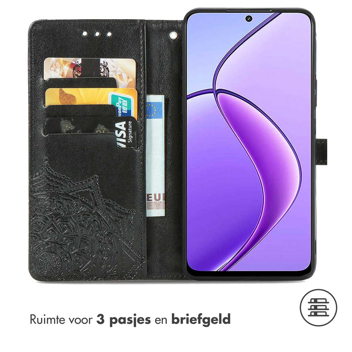 Zwarte telefoonhoes, open. Binnenin kaarten, geld en een telefoon. Tekst zegt 'Ruimte voor 3 passen en briefgeld'.