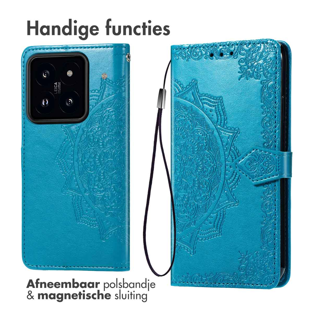 Étui de téléphone sarcelle avec motif en relief. Étui ouvert montrant le téléphone et une dragonne.