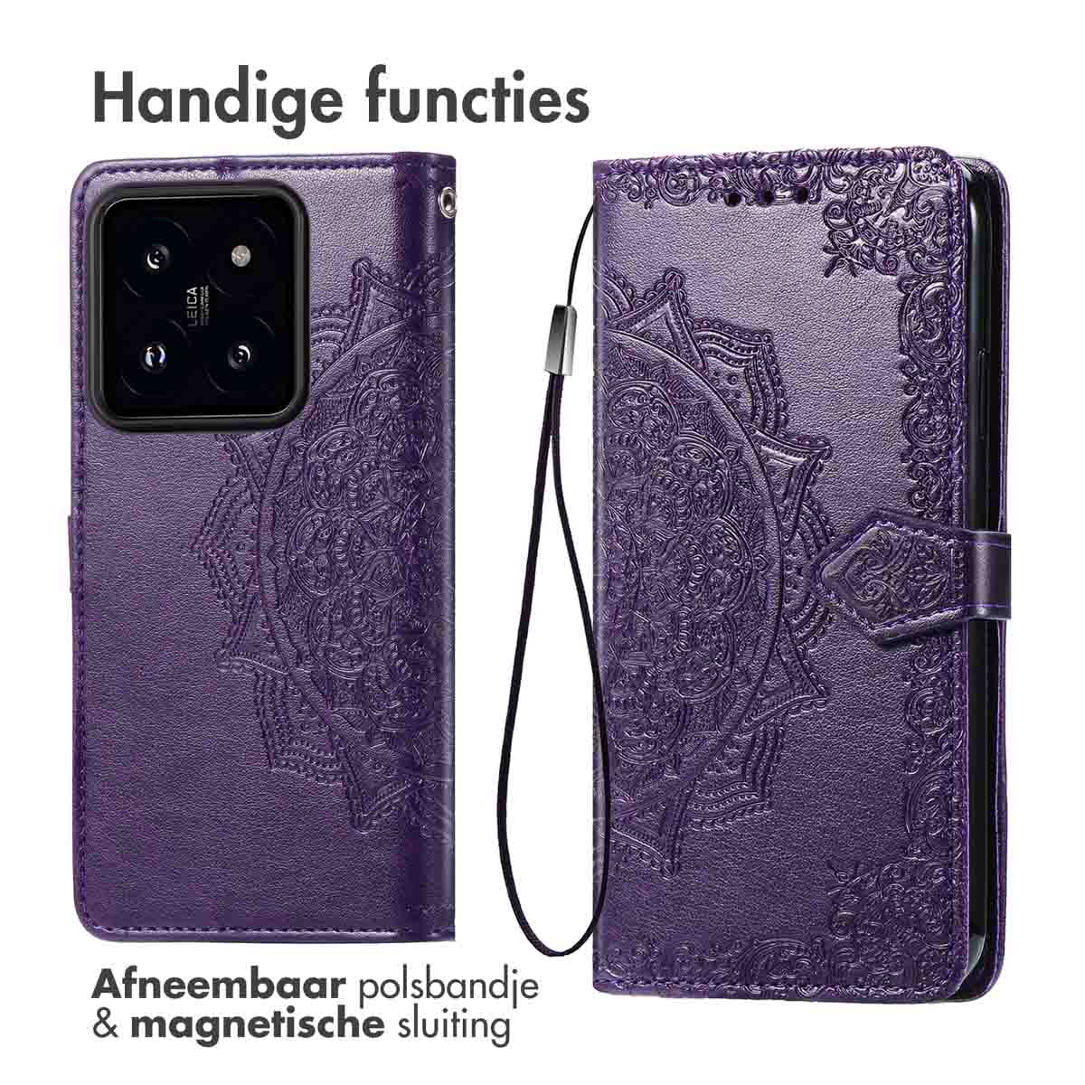 Paarse telefoonhoes met mandala-ontwerp, met polsbandje en magnetische sluiting.