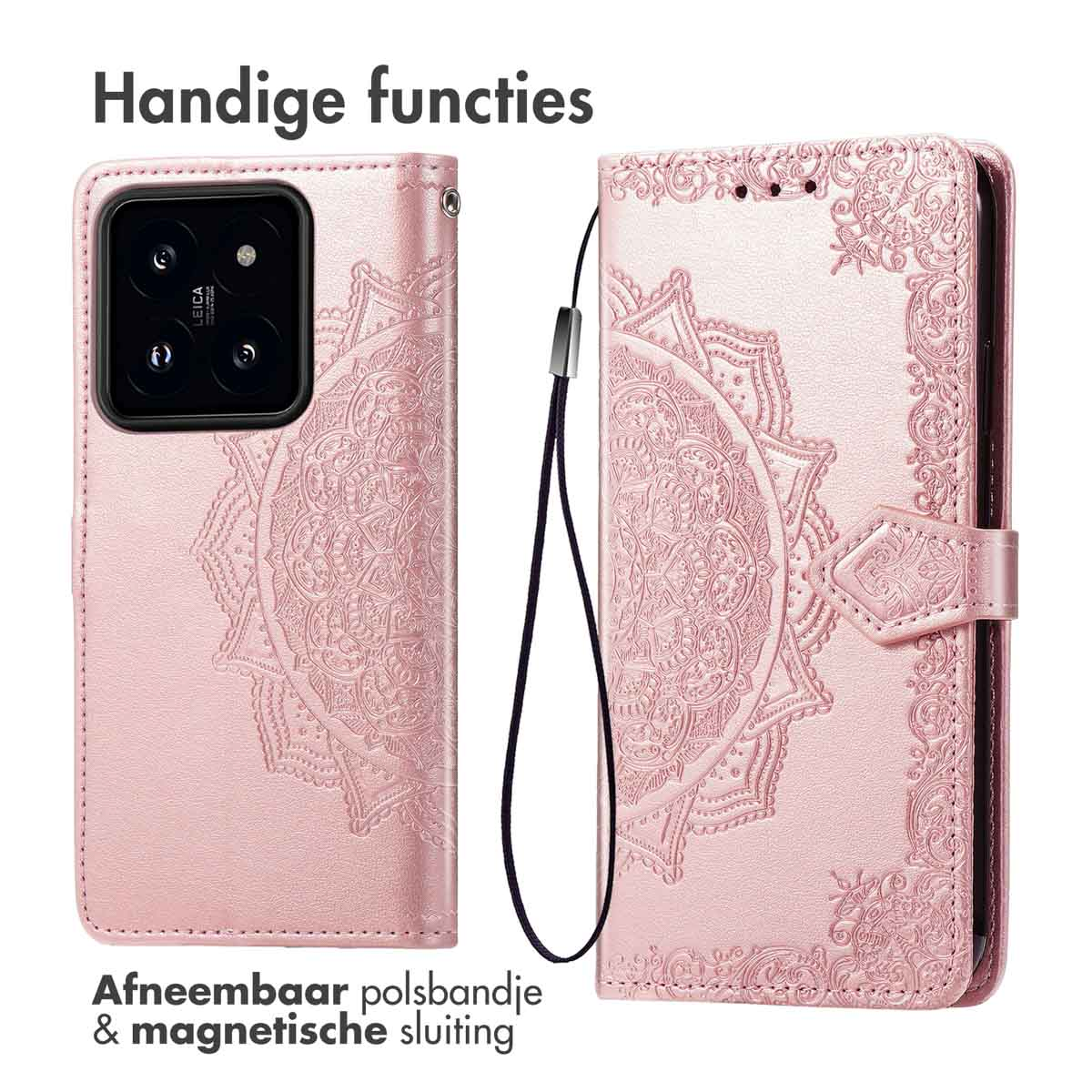Roze telefoonhoesje met een mandala-ontwerp en een riem. Tekst: 'Handige functies'.