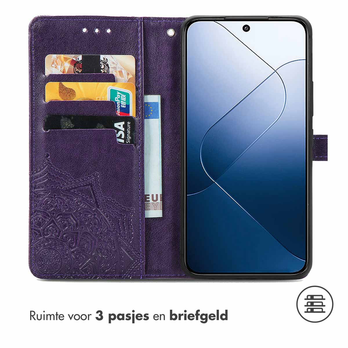 Een paarse telefoonportemonneehoes met kaartsleuven en geld, met een telefoon erin.