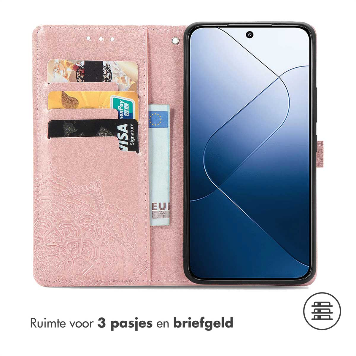 Roze telefoonhoesje open, met een smartphone, met kaartsleuven en een geldbakje.