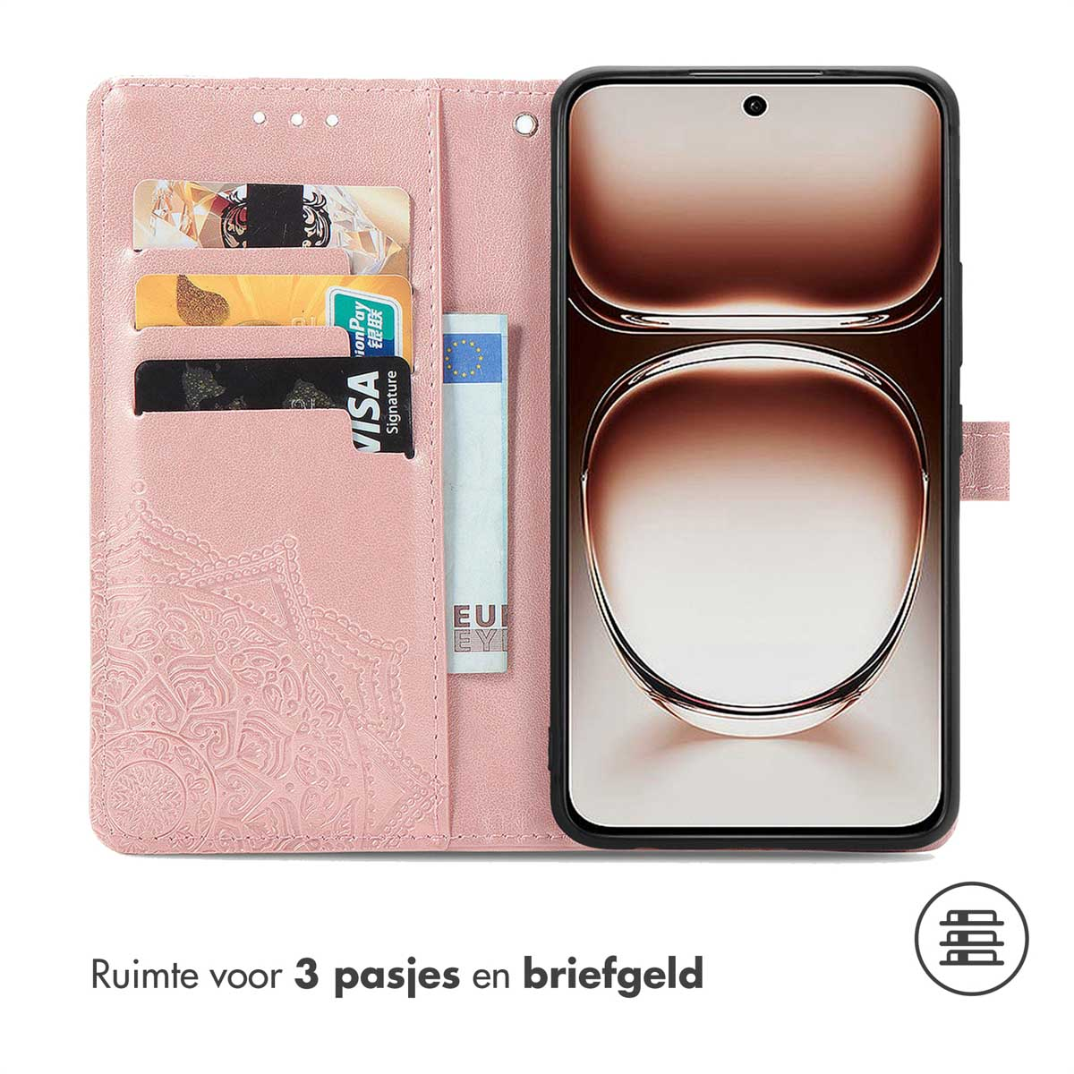 Portefeuille de téléphone rose avec trois emplacements pour cartes et un compartiment à billets, avec un téléphone à l'intérieur.