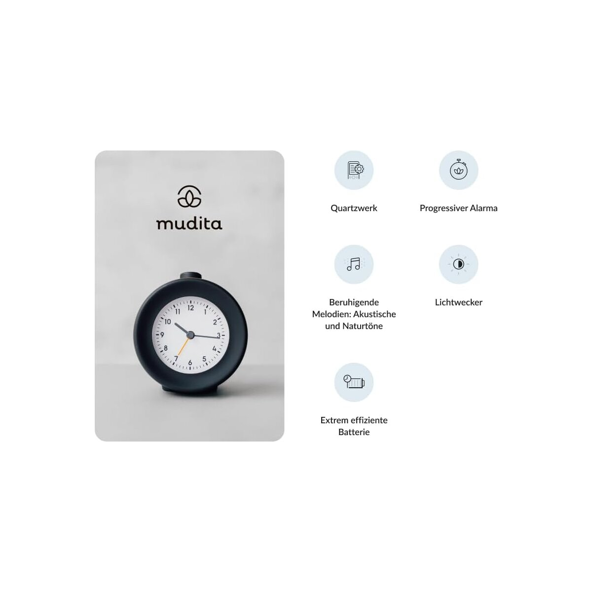 Zwarte wekker met een witte wijzerplaat. Functies zijn onder meer quartz uurwerk en lichtwekker.