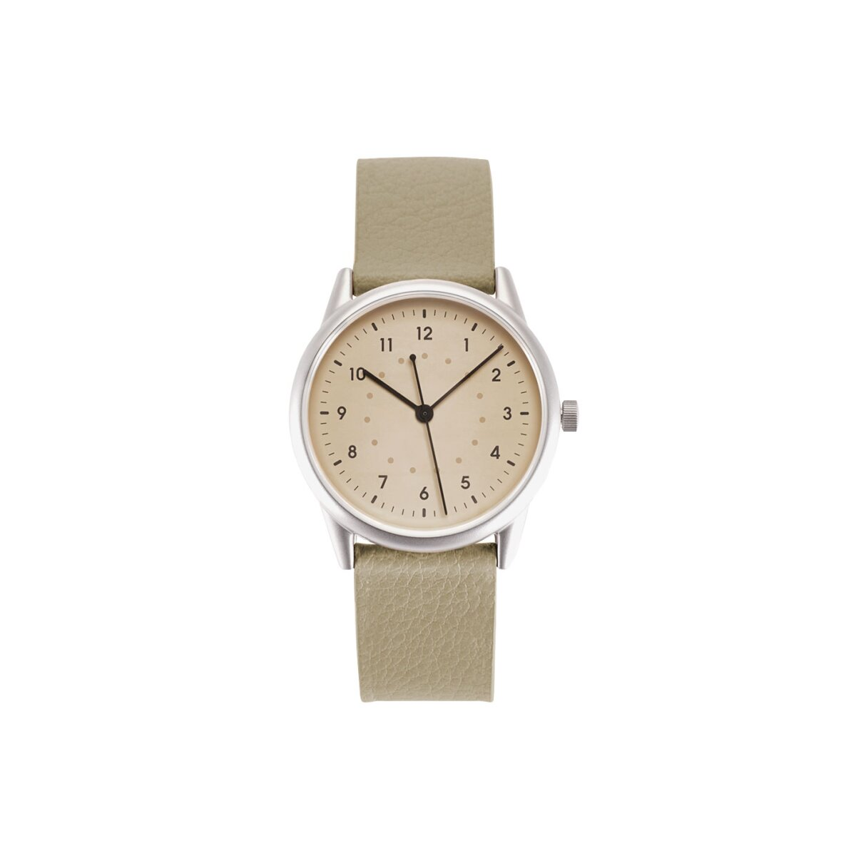 Orologio da polso con cinturino beige, cassa argentata e quadrante beige chiaro.