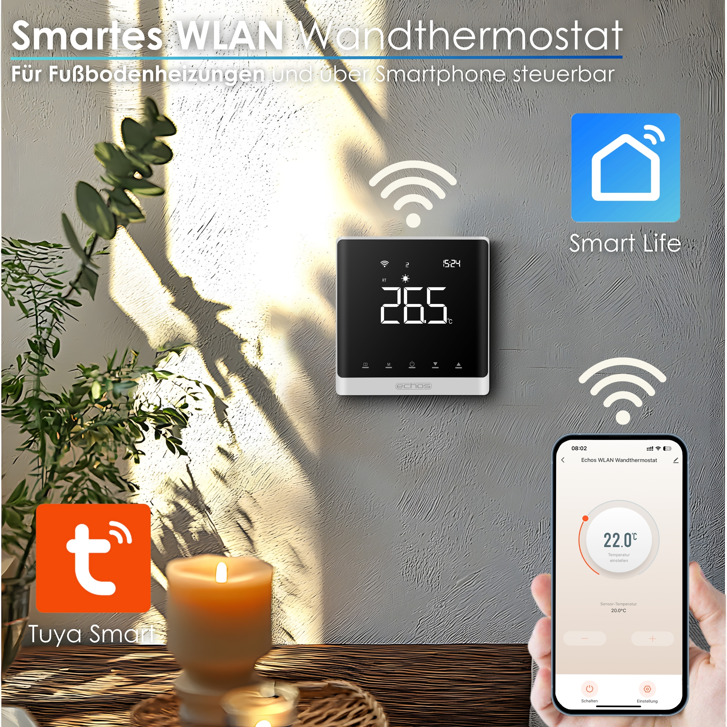 Smart Home Thermostat mit Telefon und Tuya Smart App an der Wand. Kerze und Pflanze vorhanden.