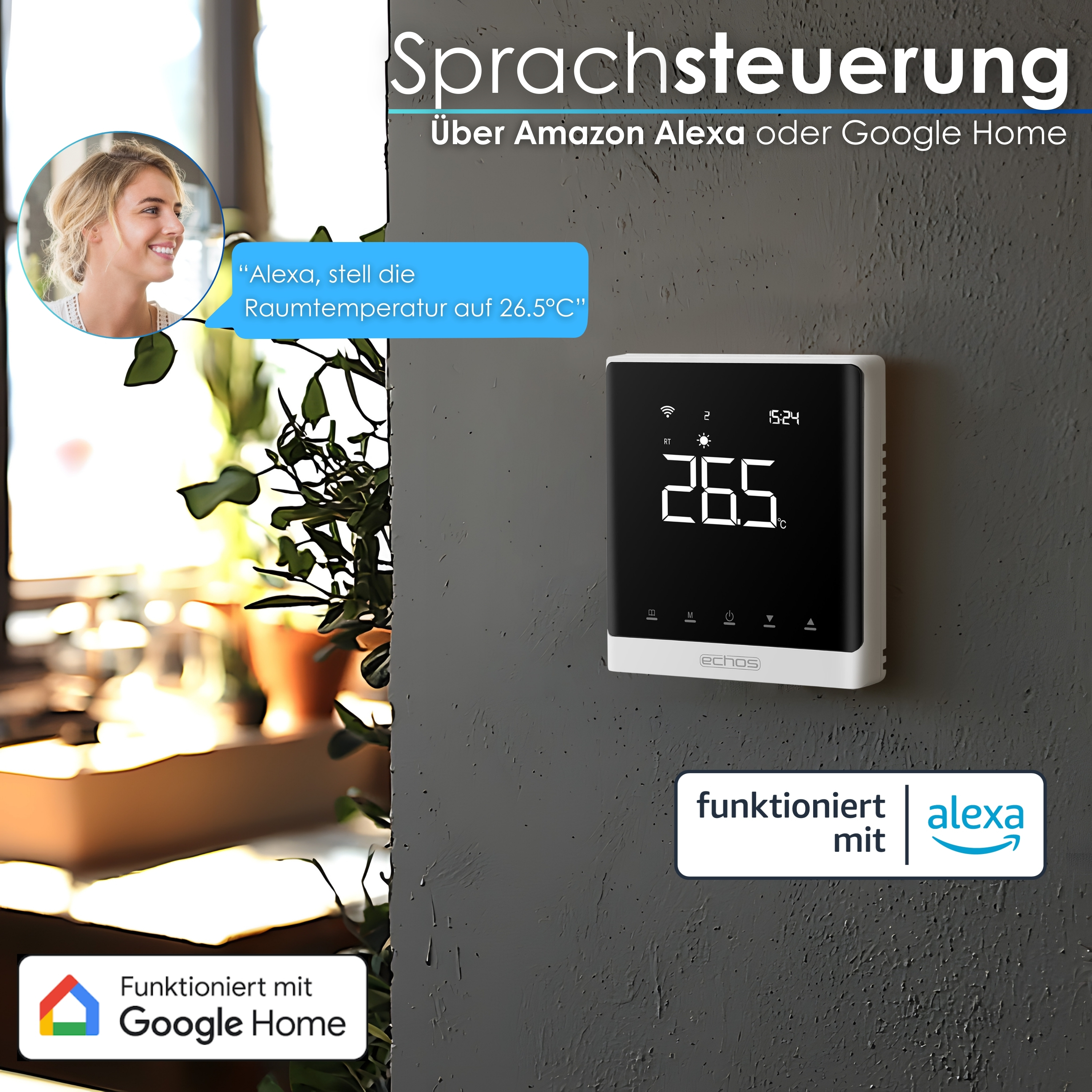 Ein schwarzer Thermostat mit weißem Bildschirm an einer grauen Wand mit einem Frauengesicht in der Ecke.