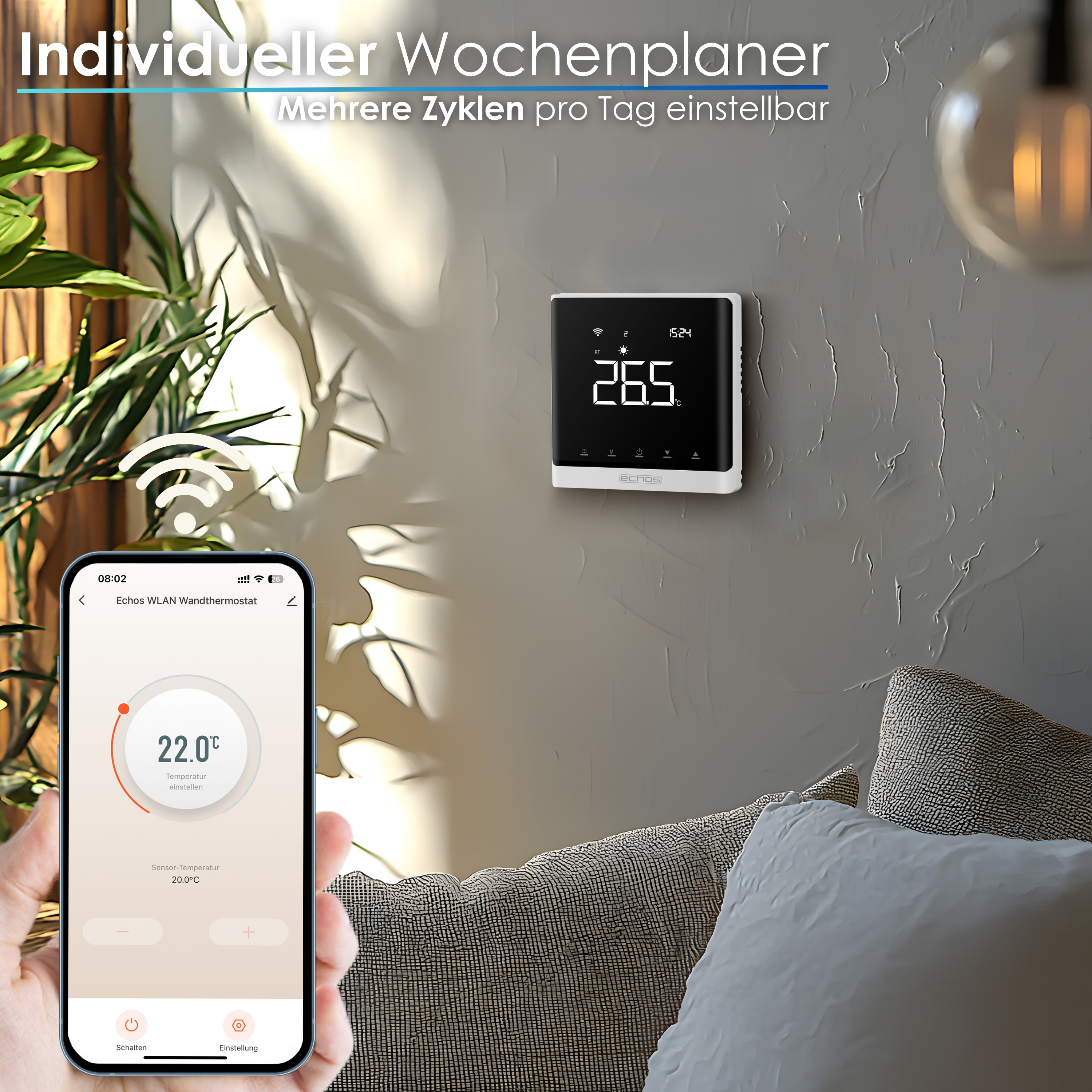 Ein Smart-Home-Thermostat an einer Wand. Ein Telefon zeigt die Temperatur an.
