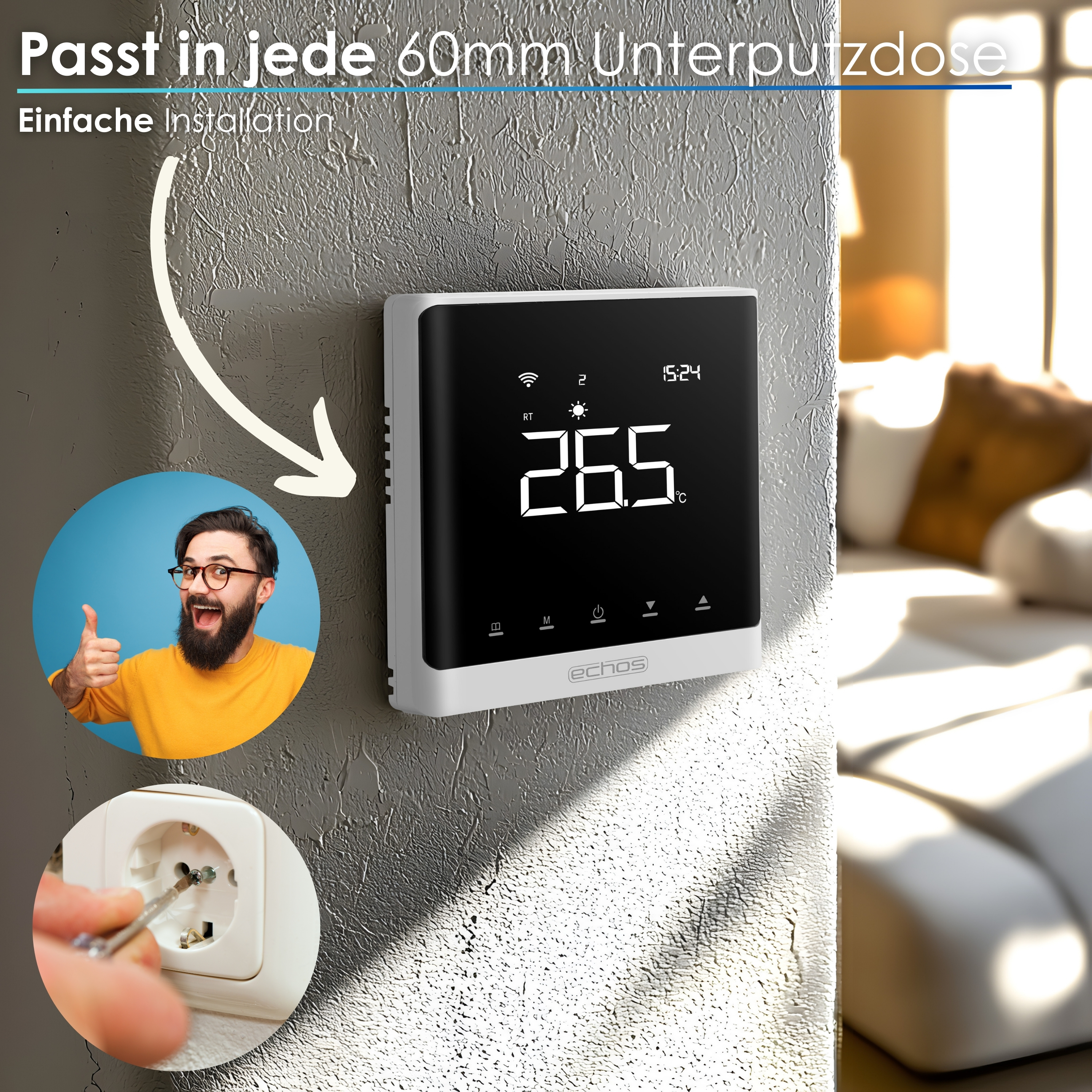 Ein an der Wand montierter Thermostat mit einem Mann, der im Eck Daumen hoch zeigt.