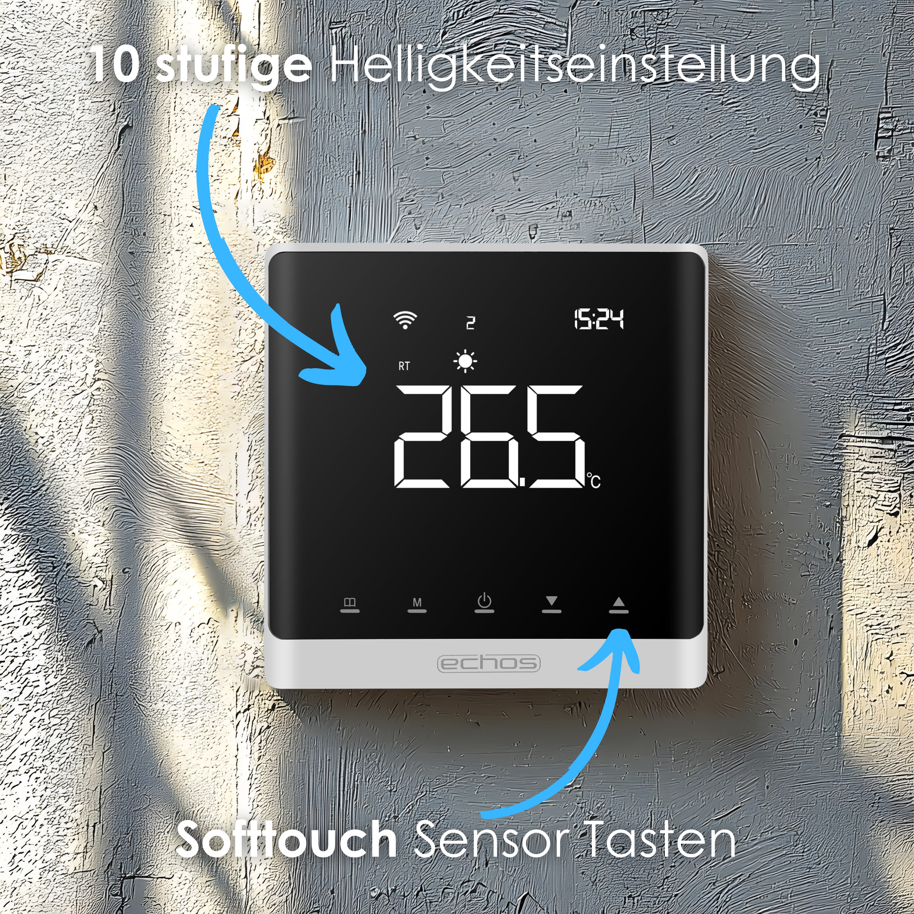 Ein wandmontierter Thermostat mit schwarzem Bildschirm, der Zahlen und Symbole anzeigt.