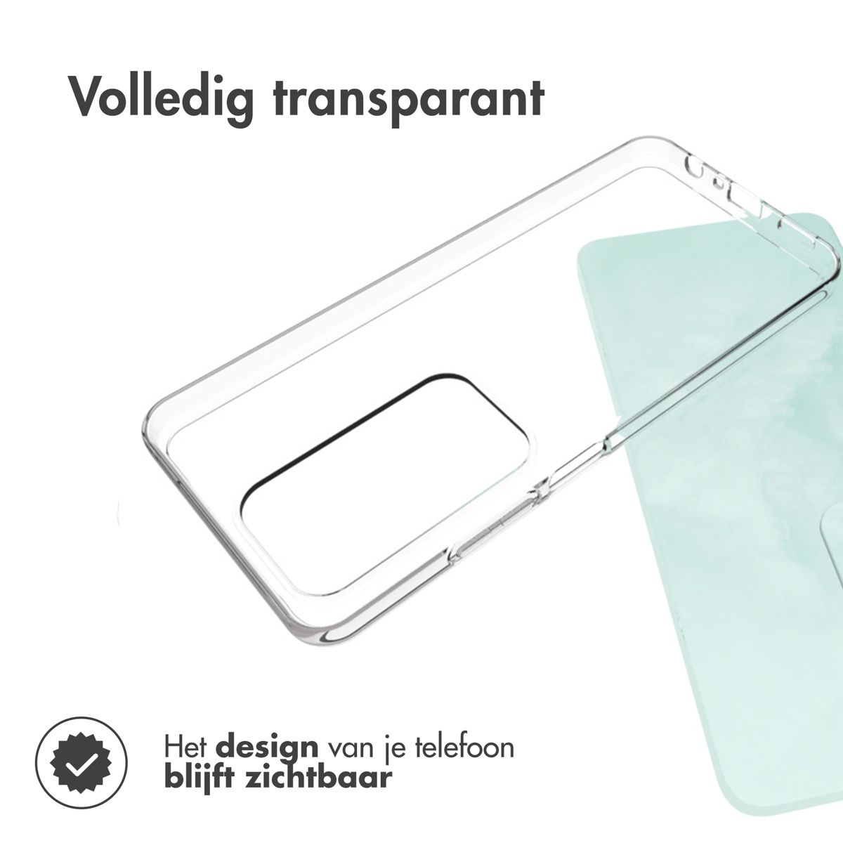 Custodia trasparente con telefono, testo 'Volledig transparant'.