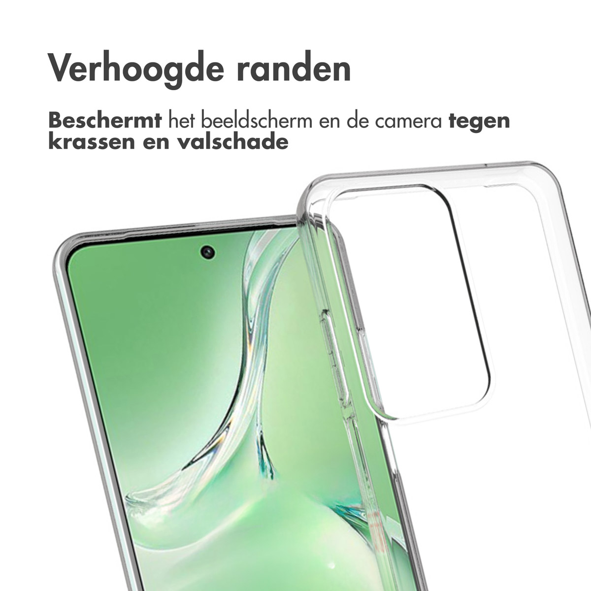 Una custodia trasparente per telefono su schermo verde, con testo sulla protezione.