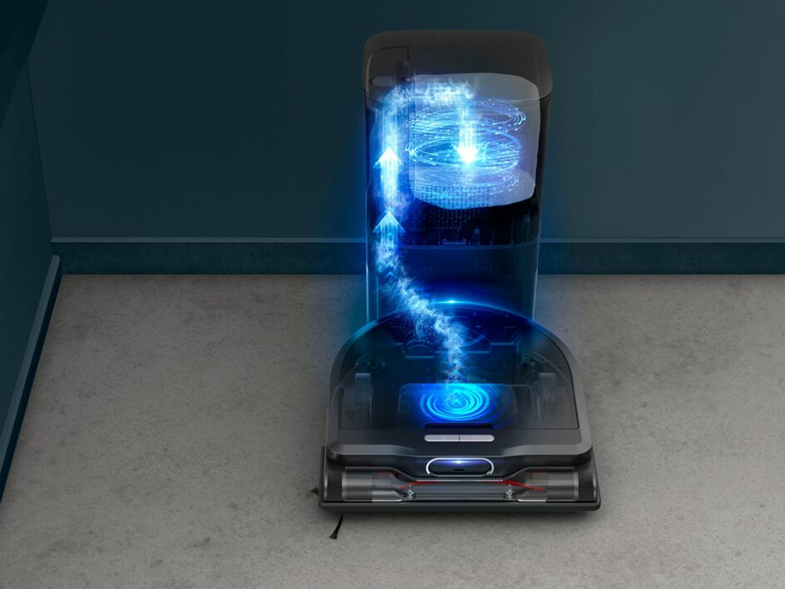 Una aspiradora robot, que muestra el proceso de limpieza y los componentes internos.