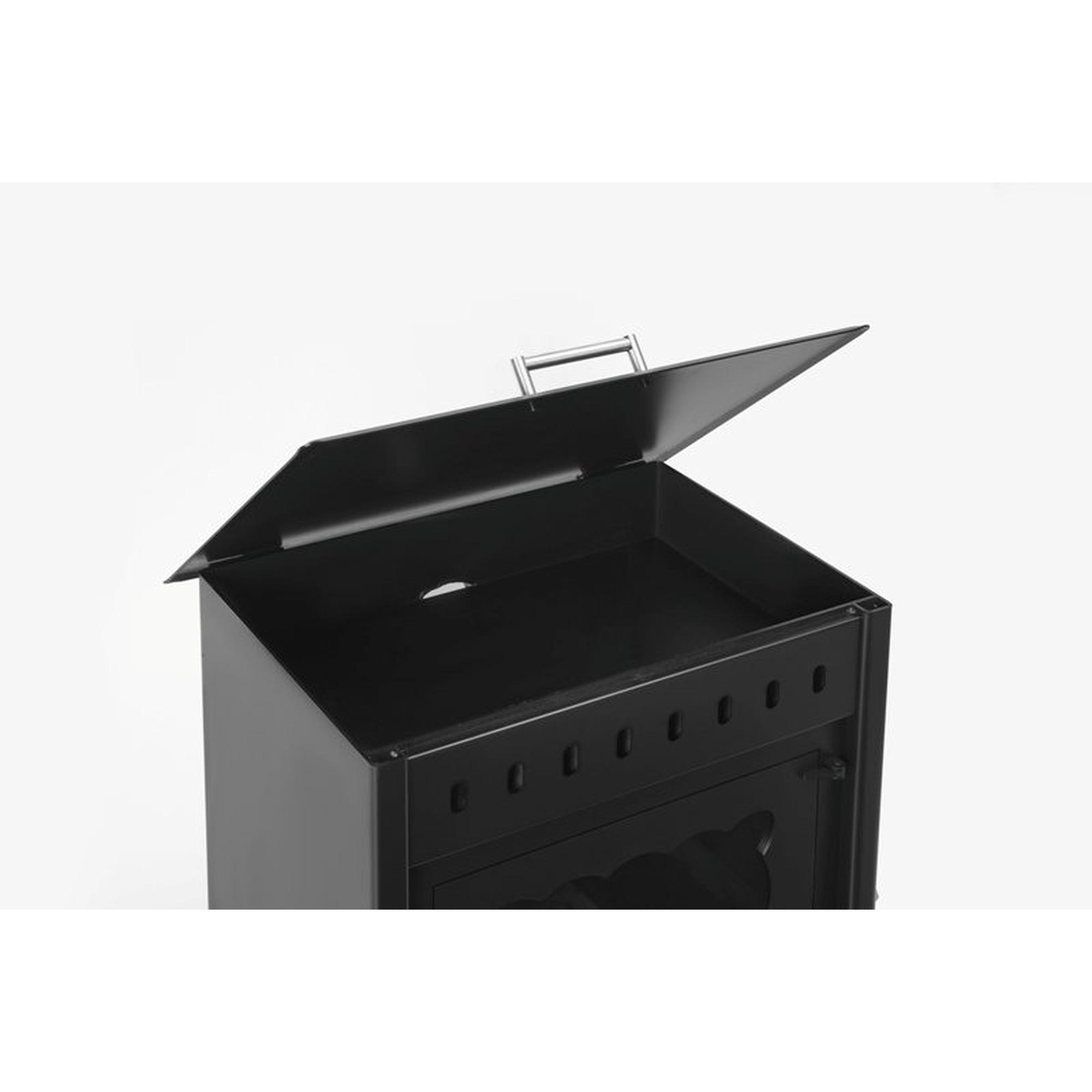 Caja metálica negra con tapa abierta sobre fondo blanco.