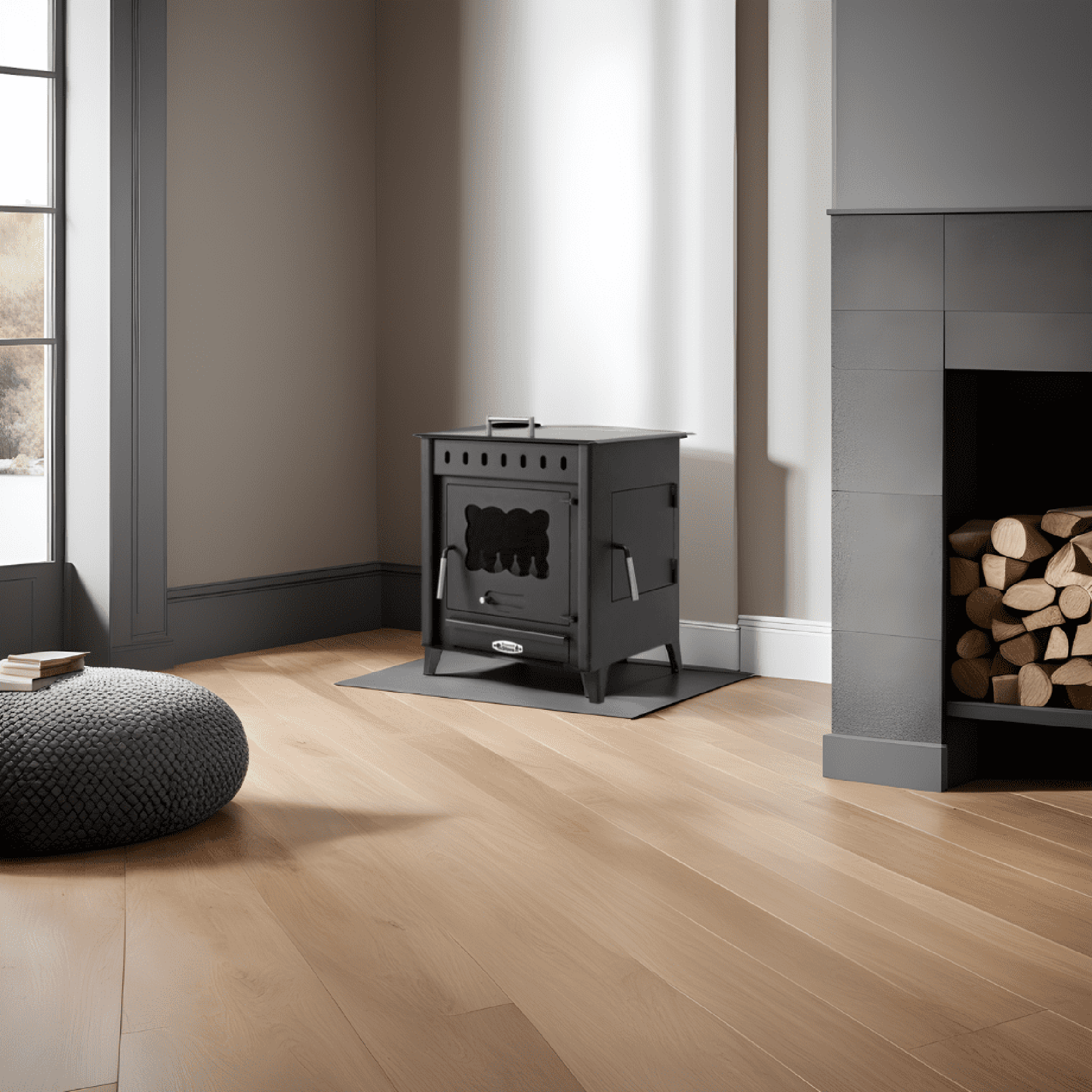 Chimenea negra con leña, en suelo de madera, con puf gris.