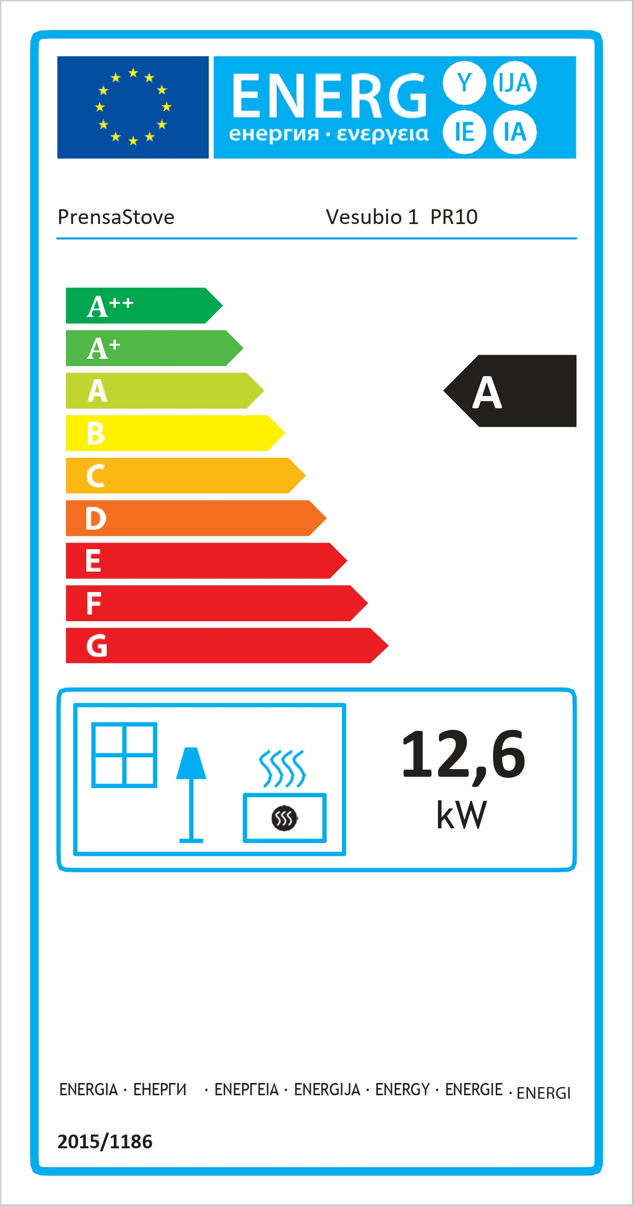 Etiqueta energética para chimenea, mostrando A y 12,6 kW.