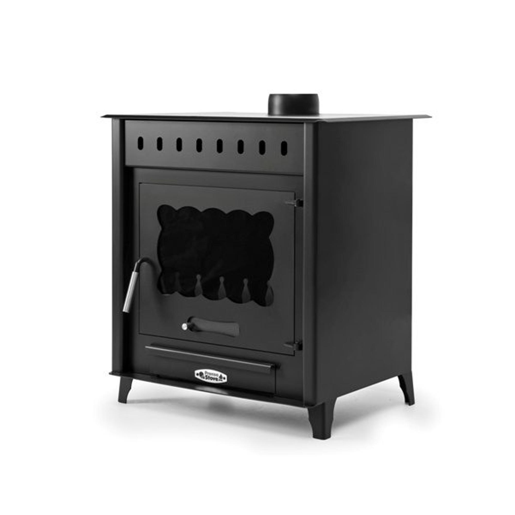 Una estufa negra con puerta y chimenea.