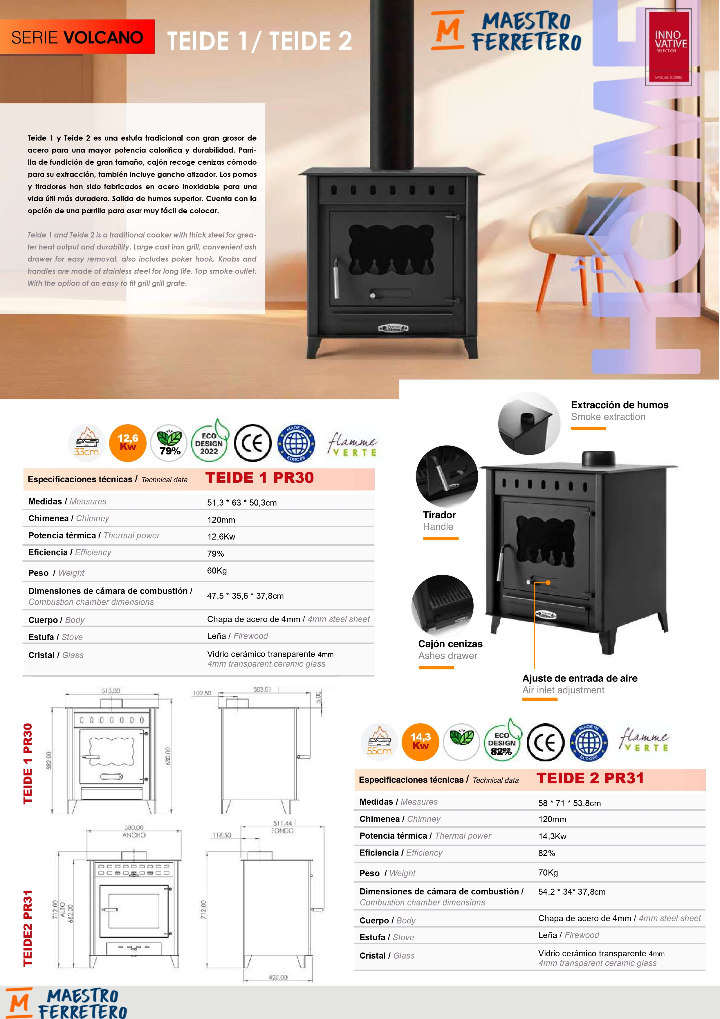 Especificaciones técnicas de una chimenea negra con vidrio transparente.