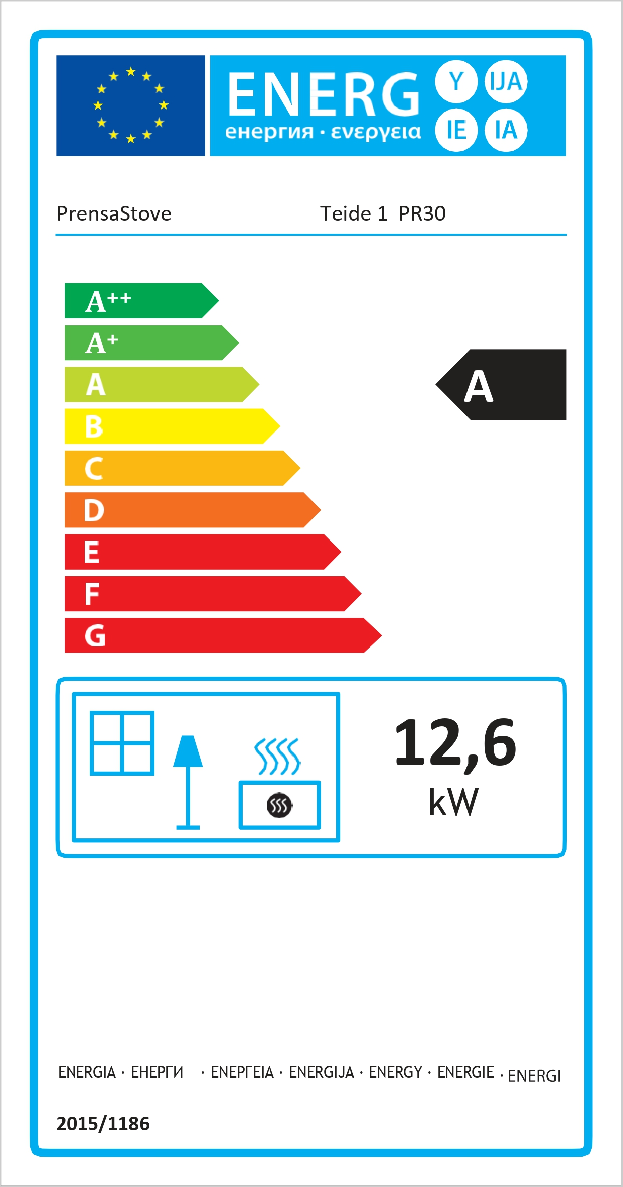 Etiqueta energética para estufa. Colores verde y rojo. Indica eficiencia energética.