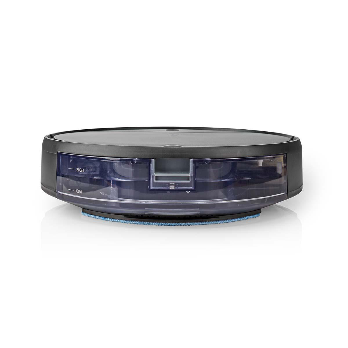 Okrągły, czarny odkurzacz robot z przezroczystym zbiornikiem na wodę. Spód ma niebieską nakładkę czyszczącą.