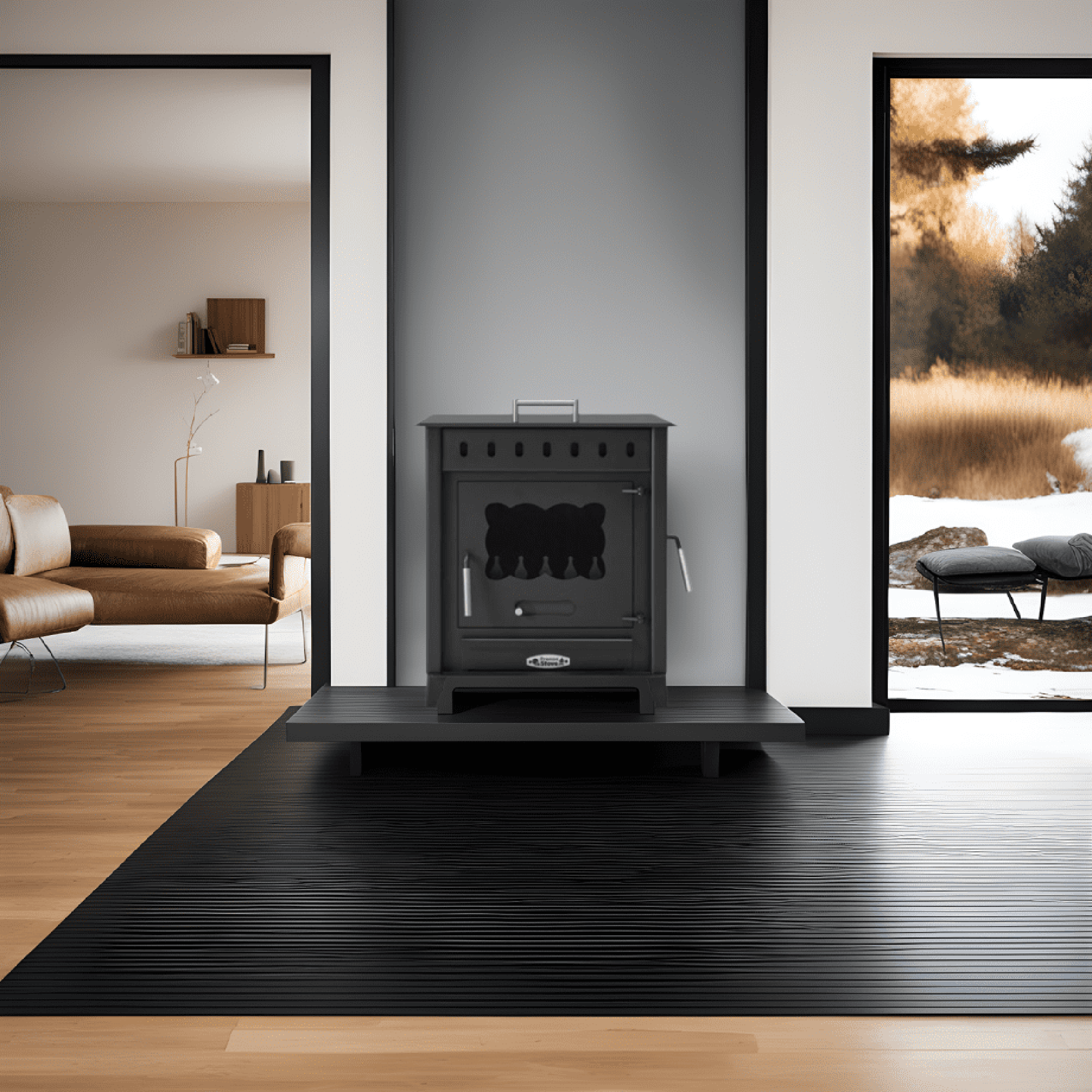 Una chimenea negra en una sala de estar moderna. Suelo de madera y alfombra delante. Vista exterior.