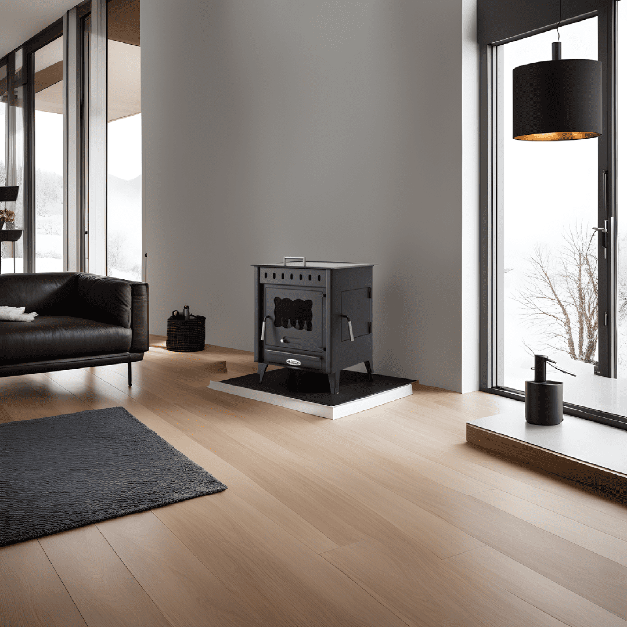 Una estufa negra en un salón moderno. Está colocada sobre una base blanca con suelos de madera.