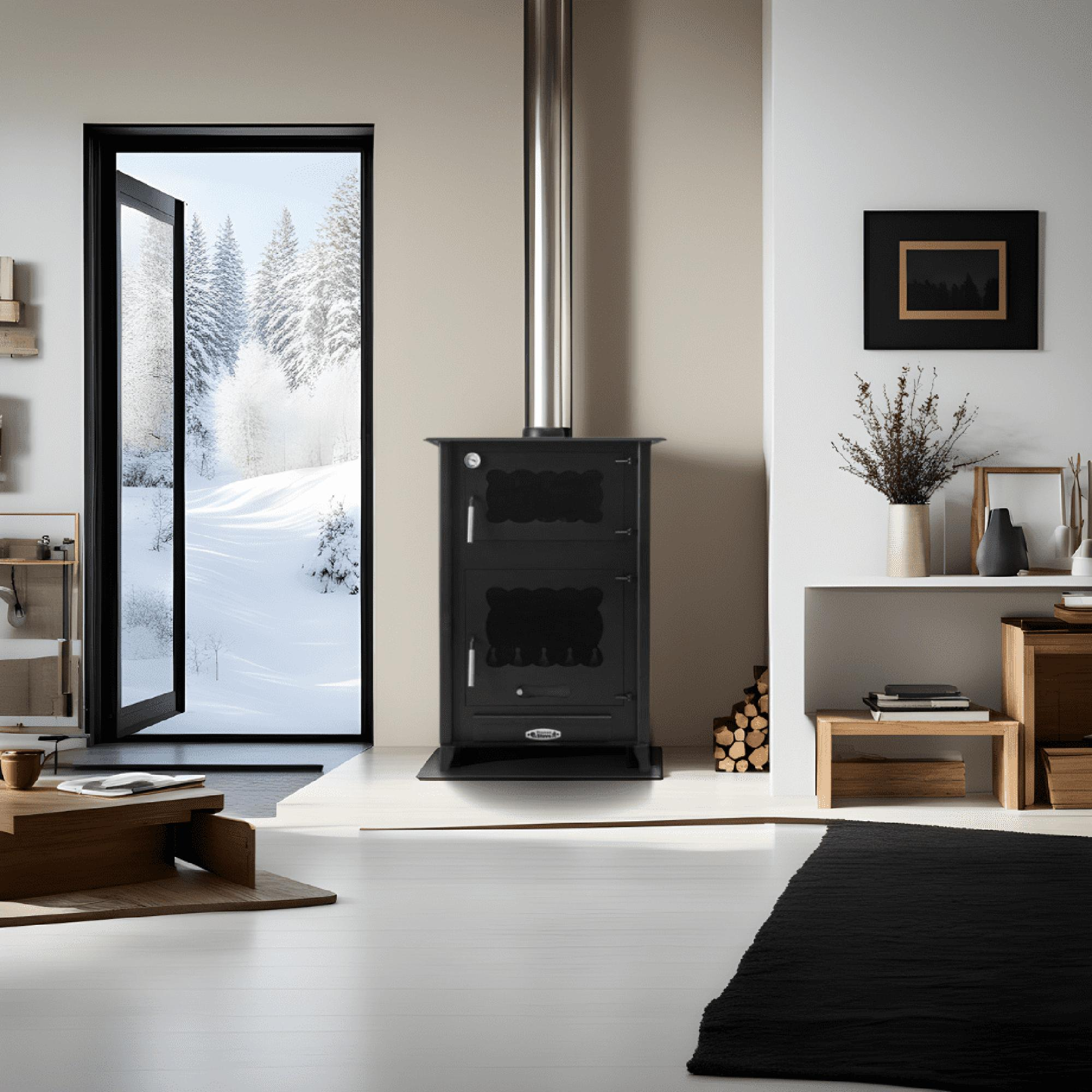 Una chimenea negra en una habitación con vista nevada por una puerta abierta. Suelo blanco y muebles de madera. El fondo muestra nieve.