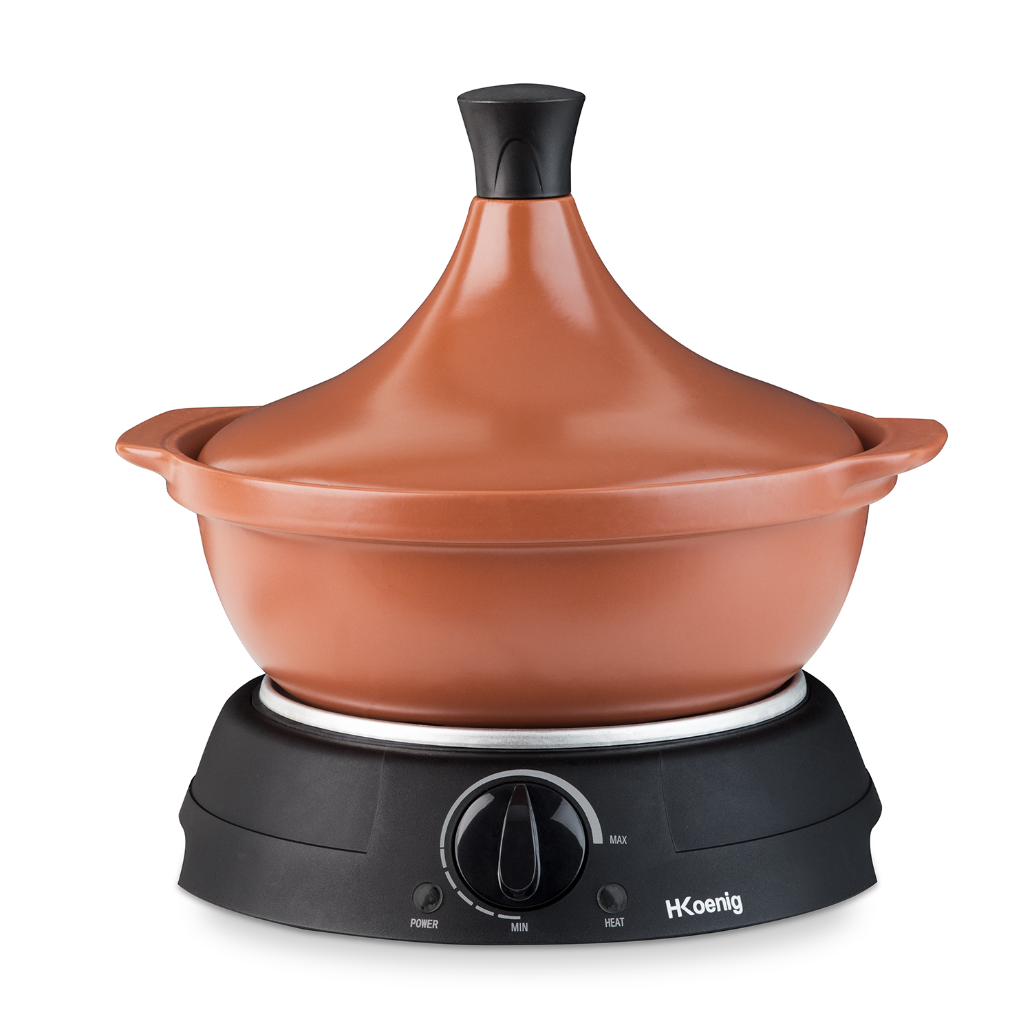 Pentola tagine arancione su base elettrica nera con manopola di controllo. Il logo del marchio.