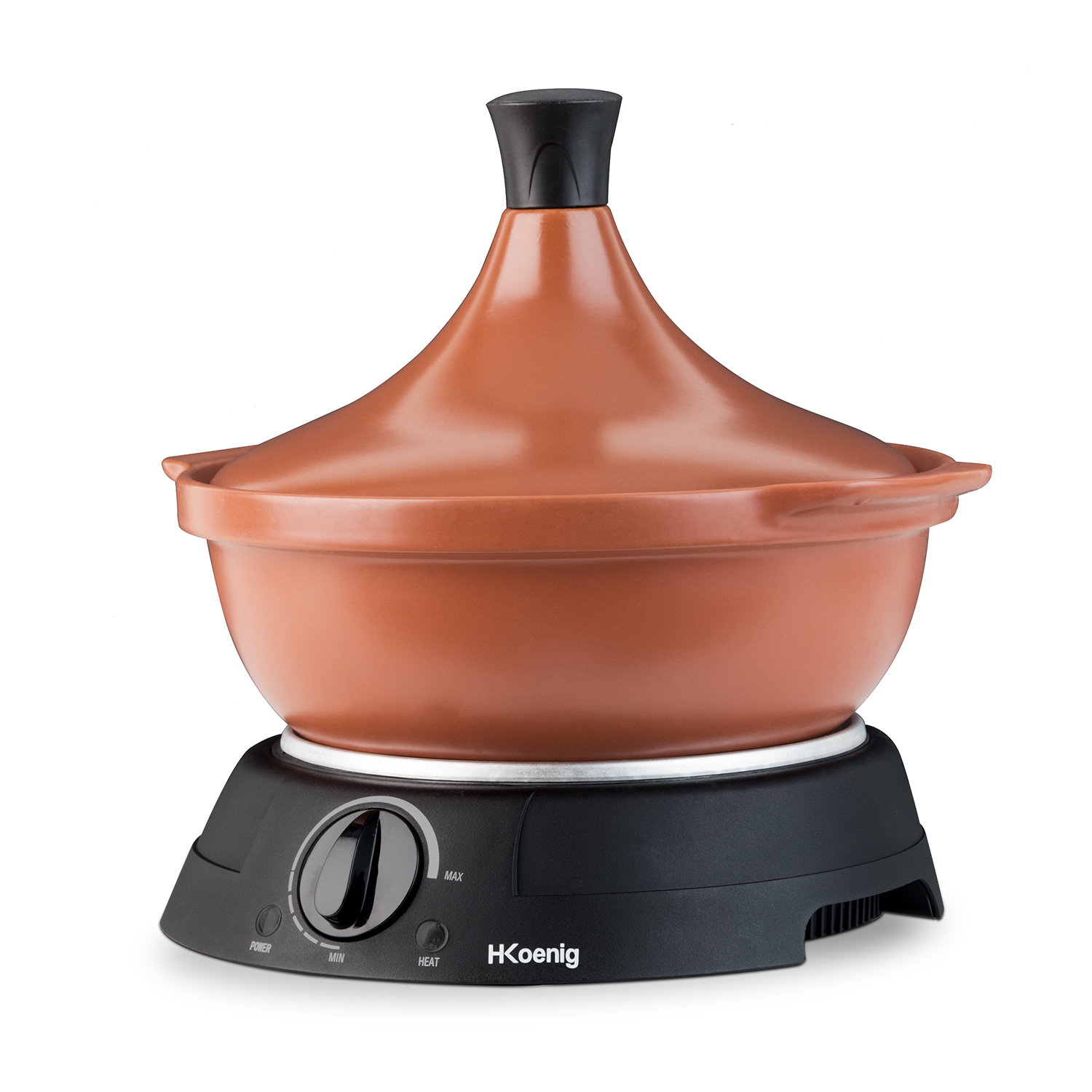 Una pentola tagine in terracotta su una base elettrica con manopola di alimentazione, manico nero e logo H.Koenig.