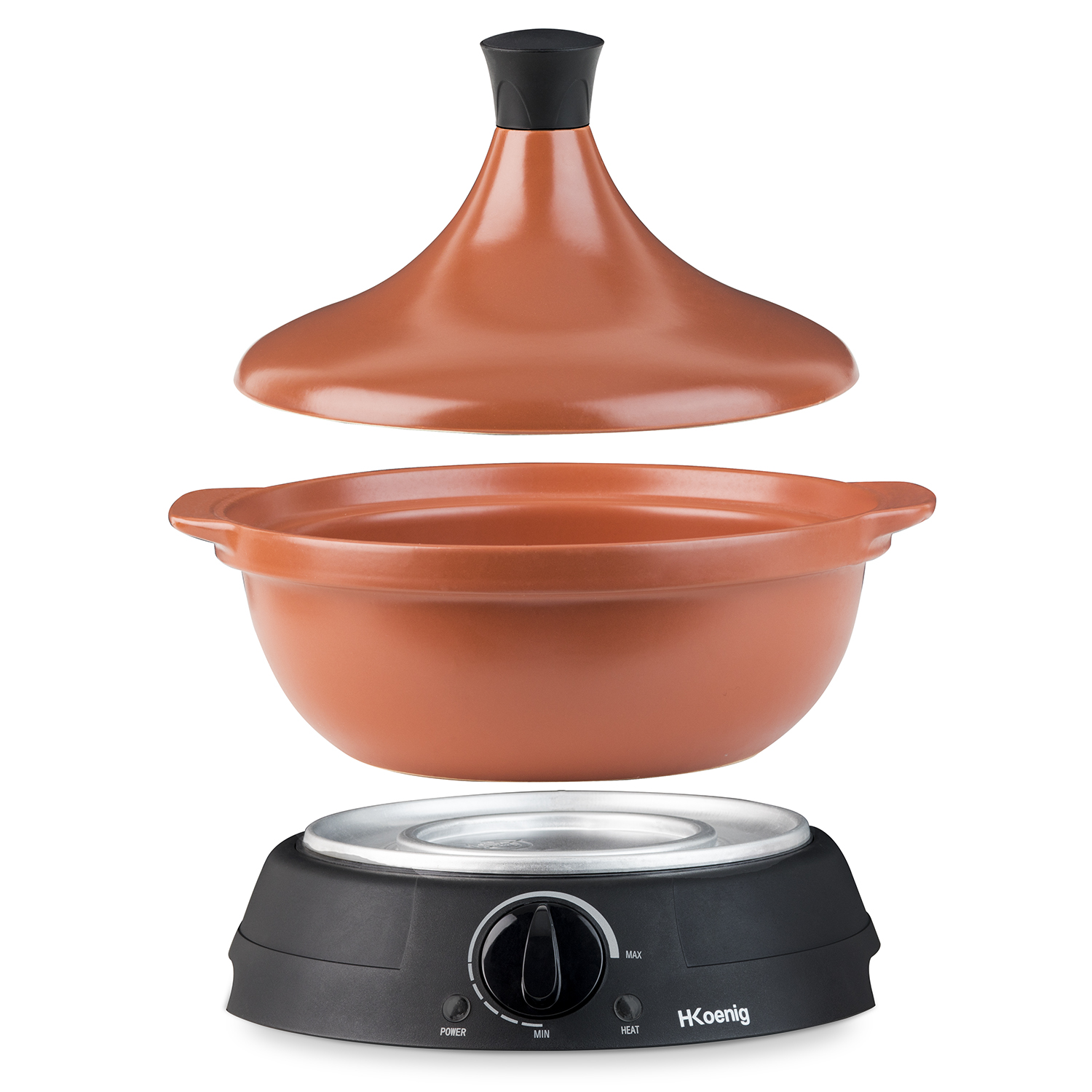 Una pentola tagine arancione con base nera su sfondo bianco.