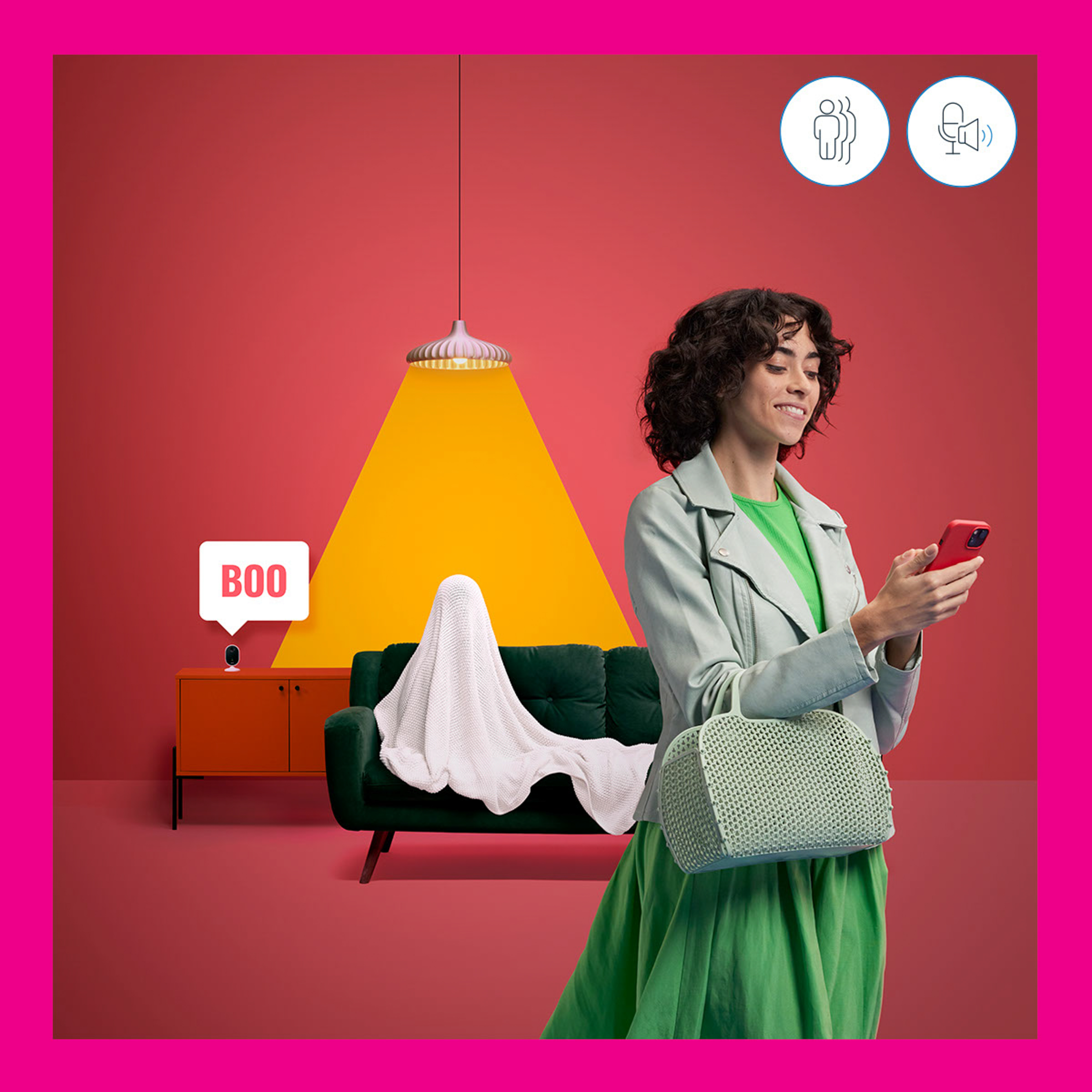 Woman with phone in a room, a ghost under a blanket, and two icons.