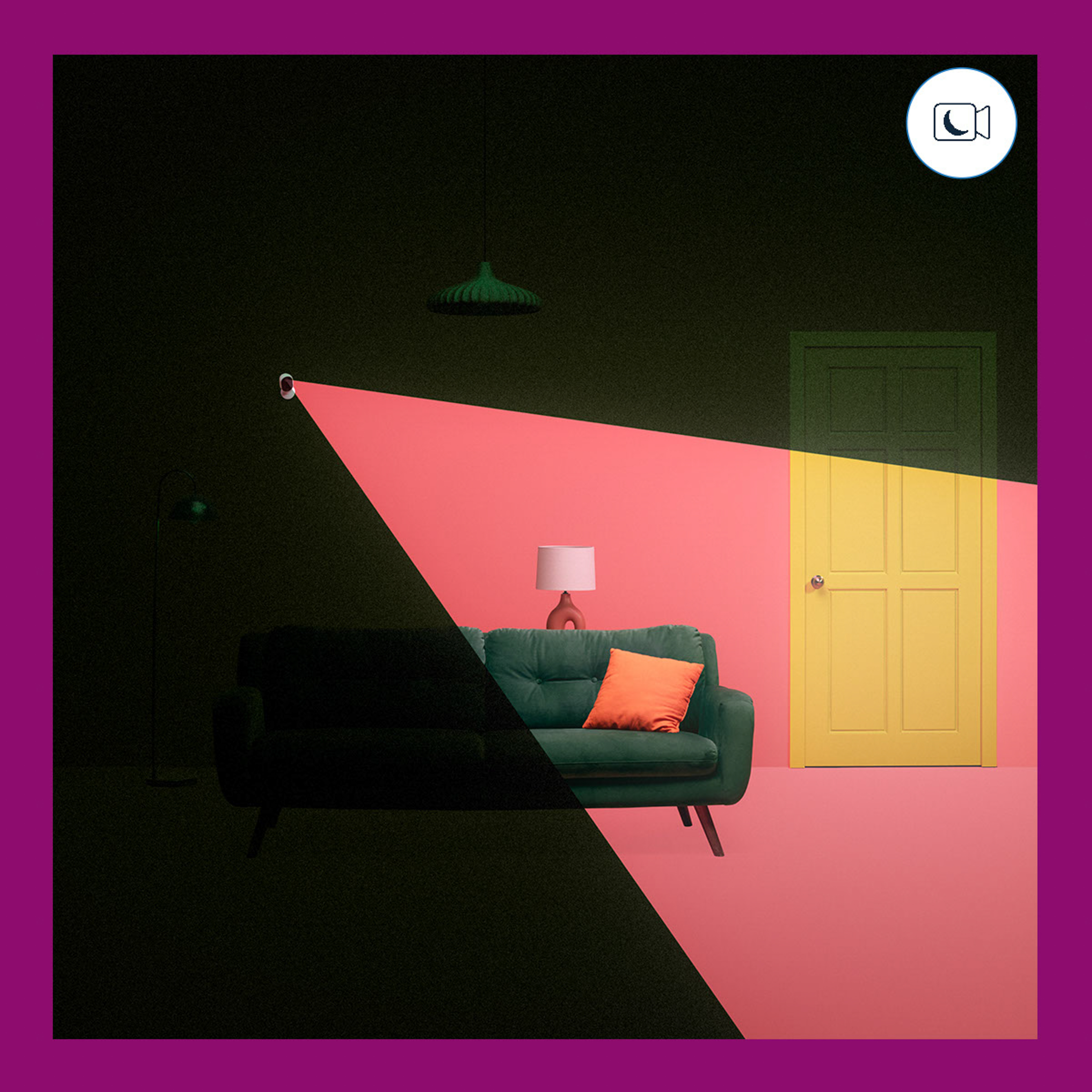 A dark room with a red lit area, a green couch, and a yellow door.