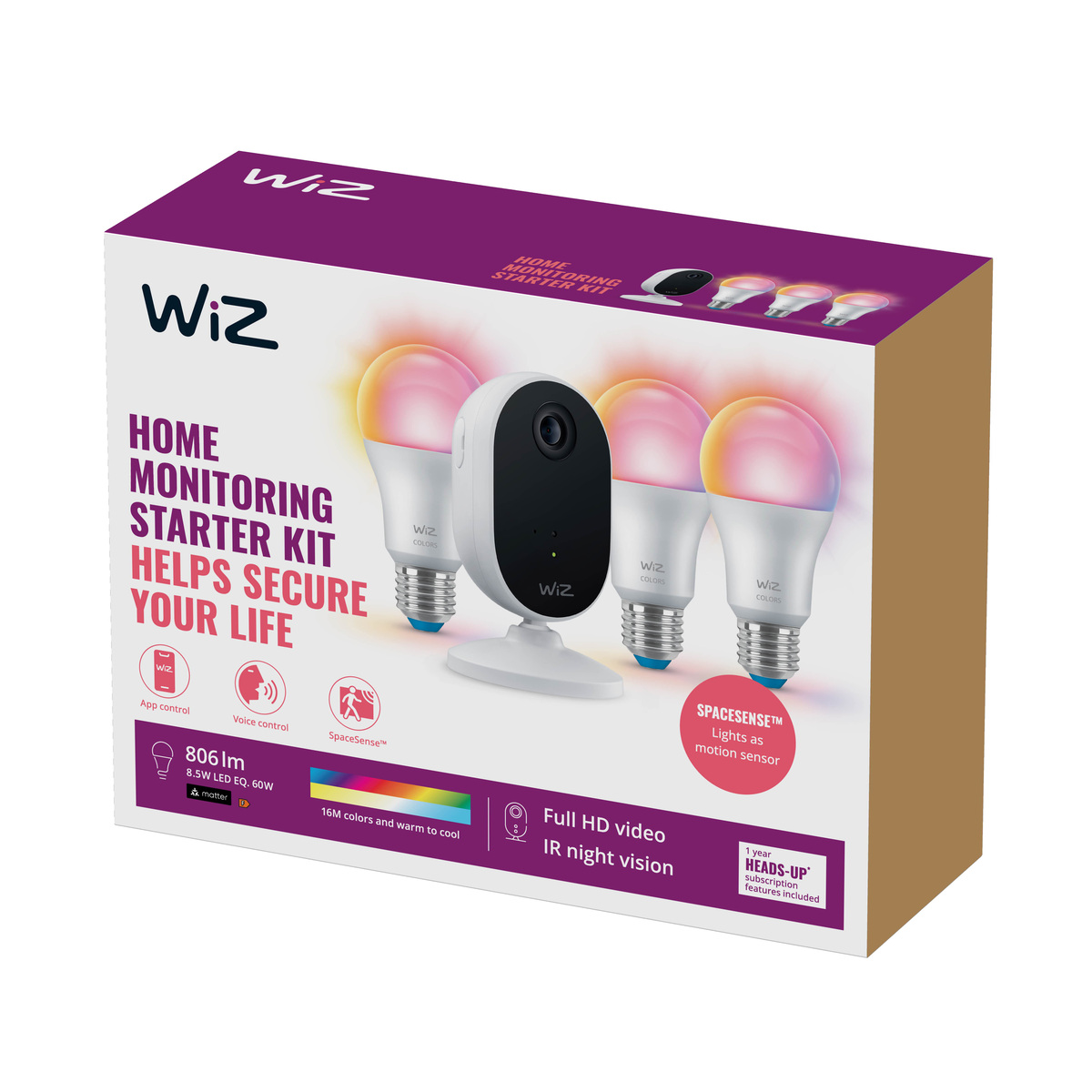 Box with smart home devices. Includes smart bulbs, a camera, and text about features.