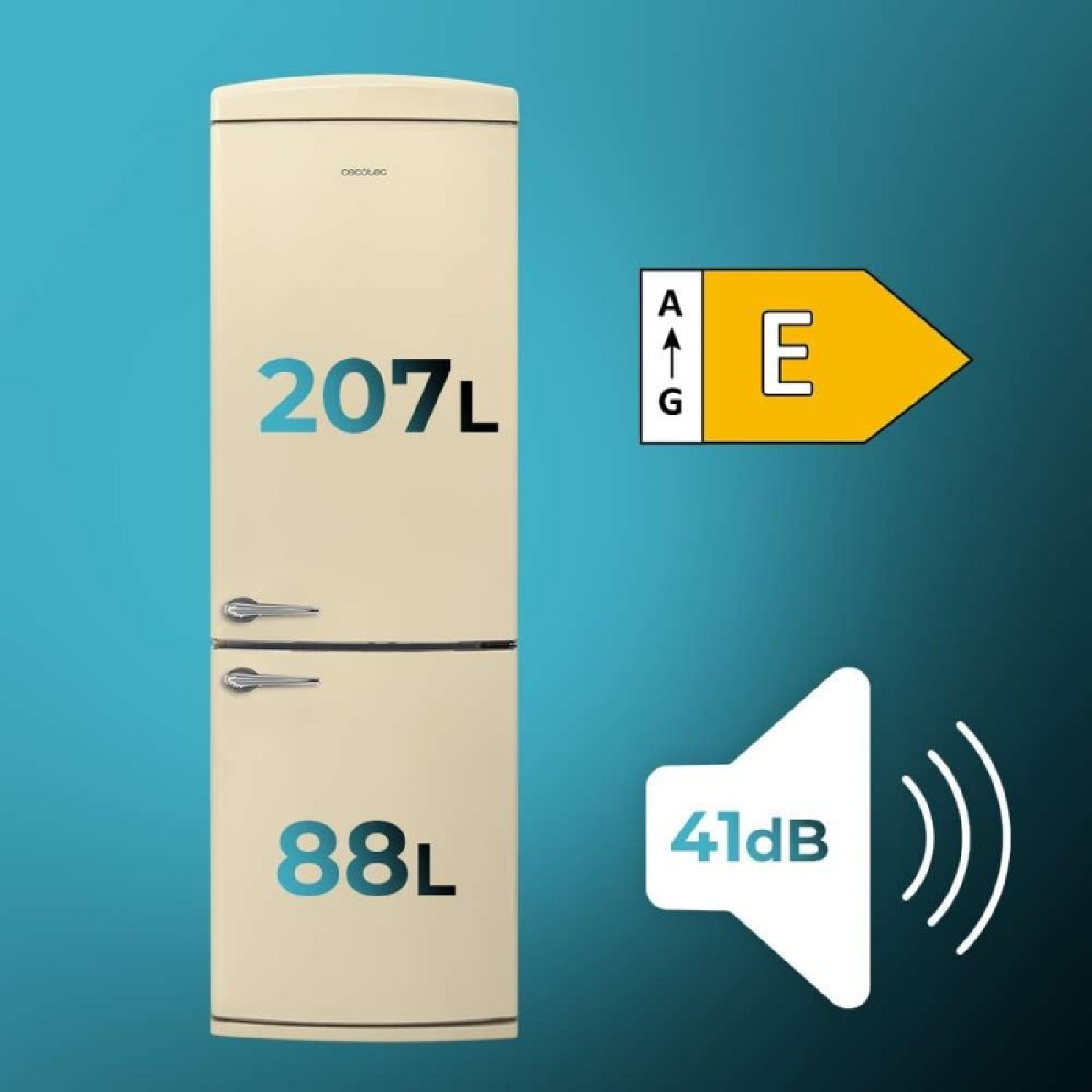 Kremowa lodówka z czarnymi uchwytami. Ma etykiety 207L i 88L.