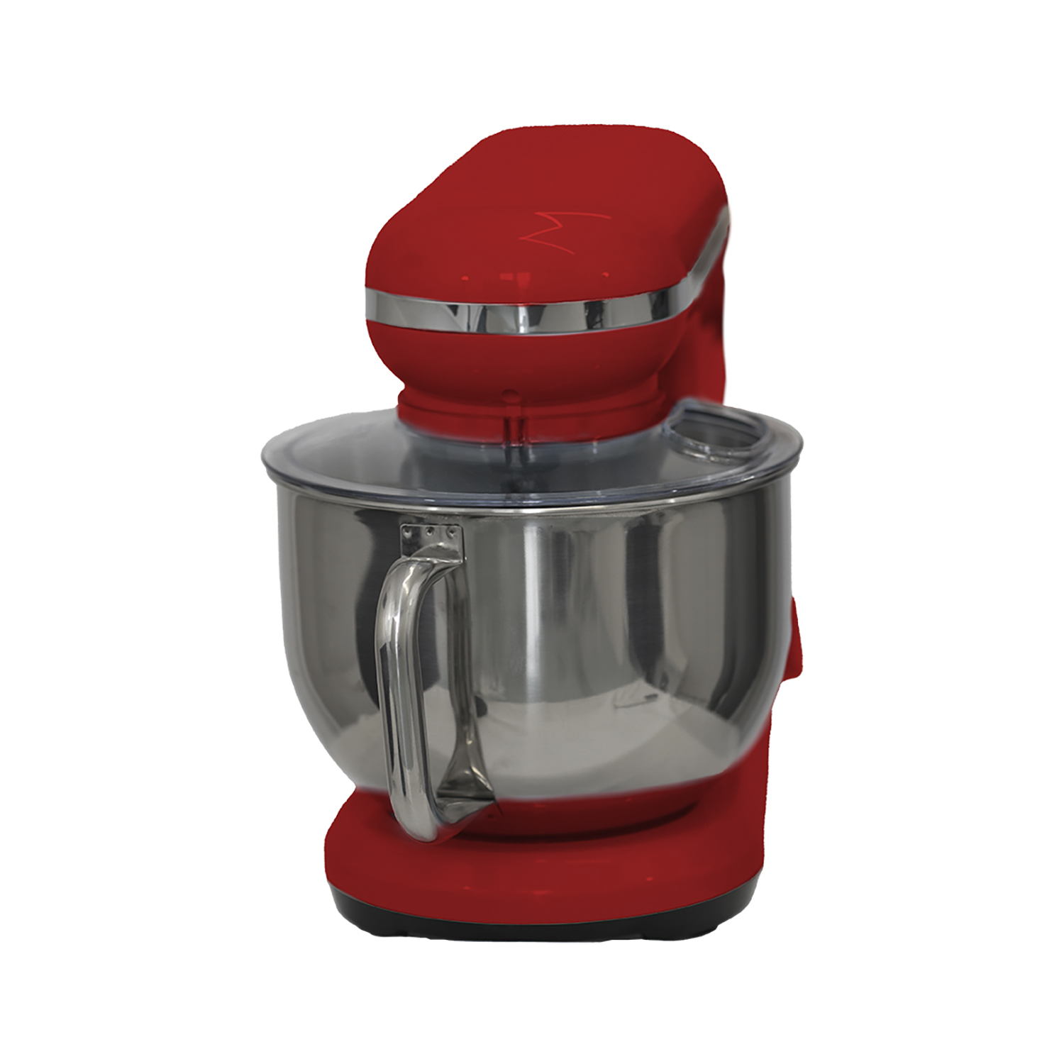 Robot da cucina rosso con ciotola in acciaio inox, maniglia e coperchio trasparente.