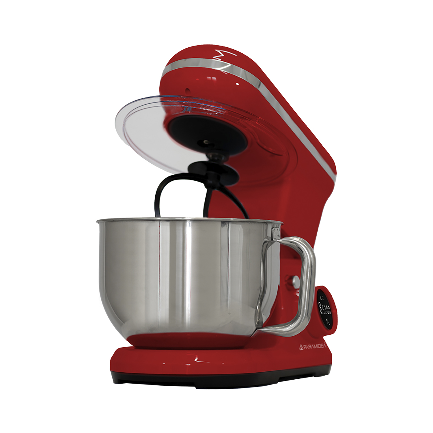 Un robot da cucina rosso con una ciotola e un coperchio trasparente aperto, che mostra il componente di miscelazione.
