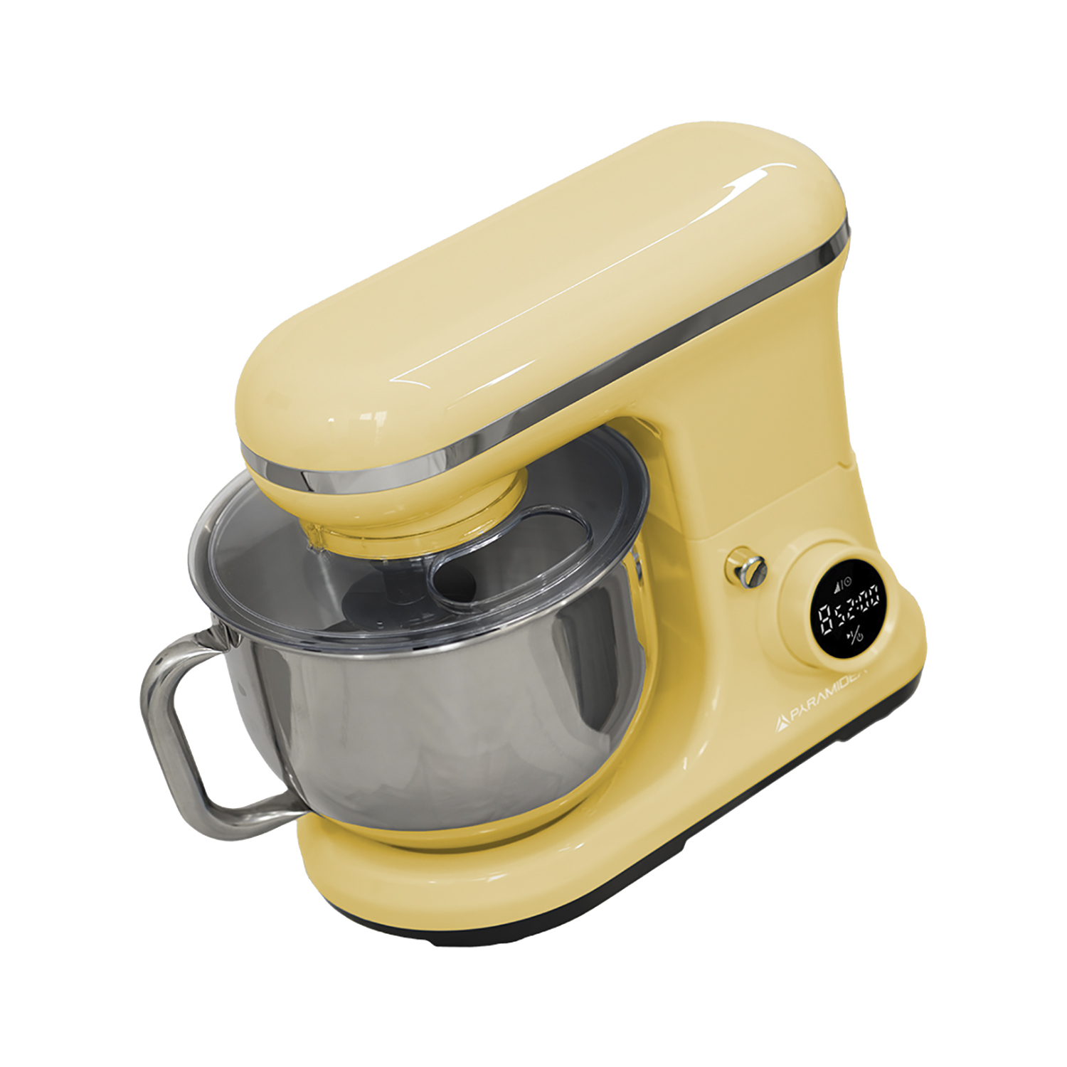 Un mixer da cucina giallo con una ciotola in acciaio inossidabile e display digitale.